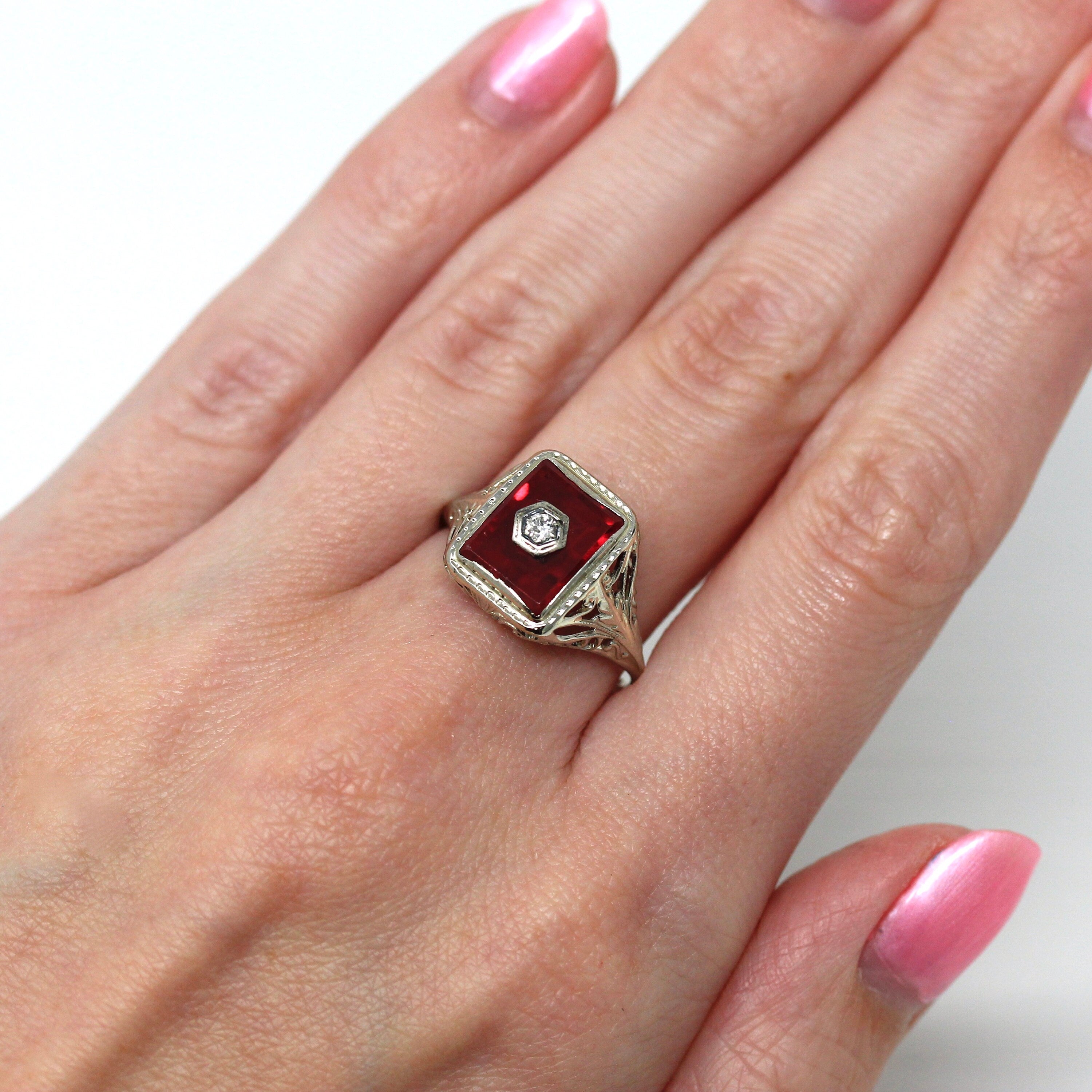 Created Ruby Ring Art Deco 14K White Gold Red 2.88 ct Stone Genuine Diamond Vintage Circa 1920s Size 8 1 4 July Birthstone Fine Jewelry