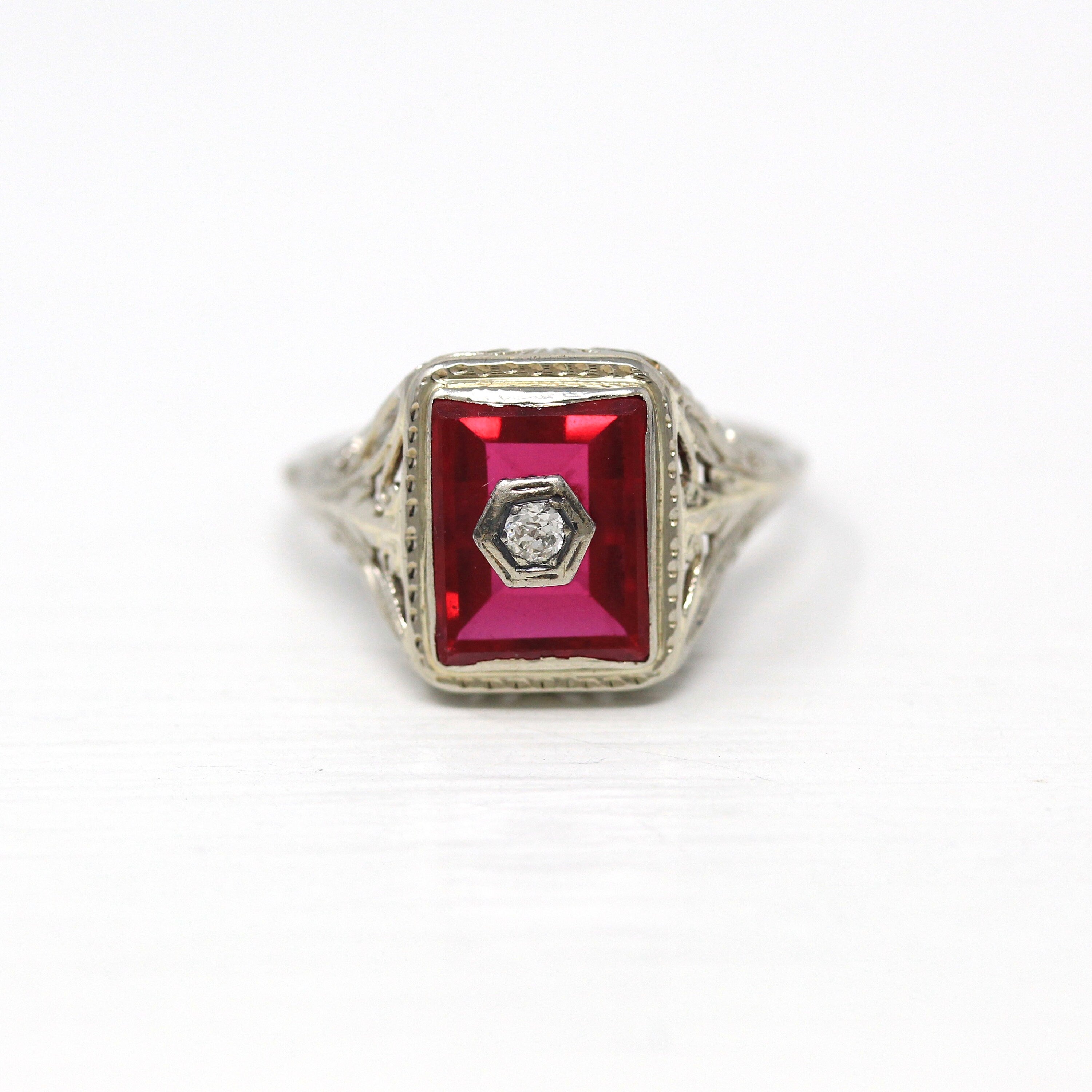 Created Ruby Ring - Art Deco 14k White Gold Red 2.88 CT Stone Genuine Diamond - Vintage Circa 1920s Size 8 1/4 July Birthstone Fine Jewelry