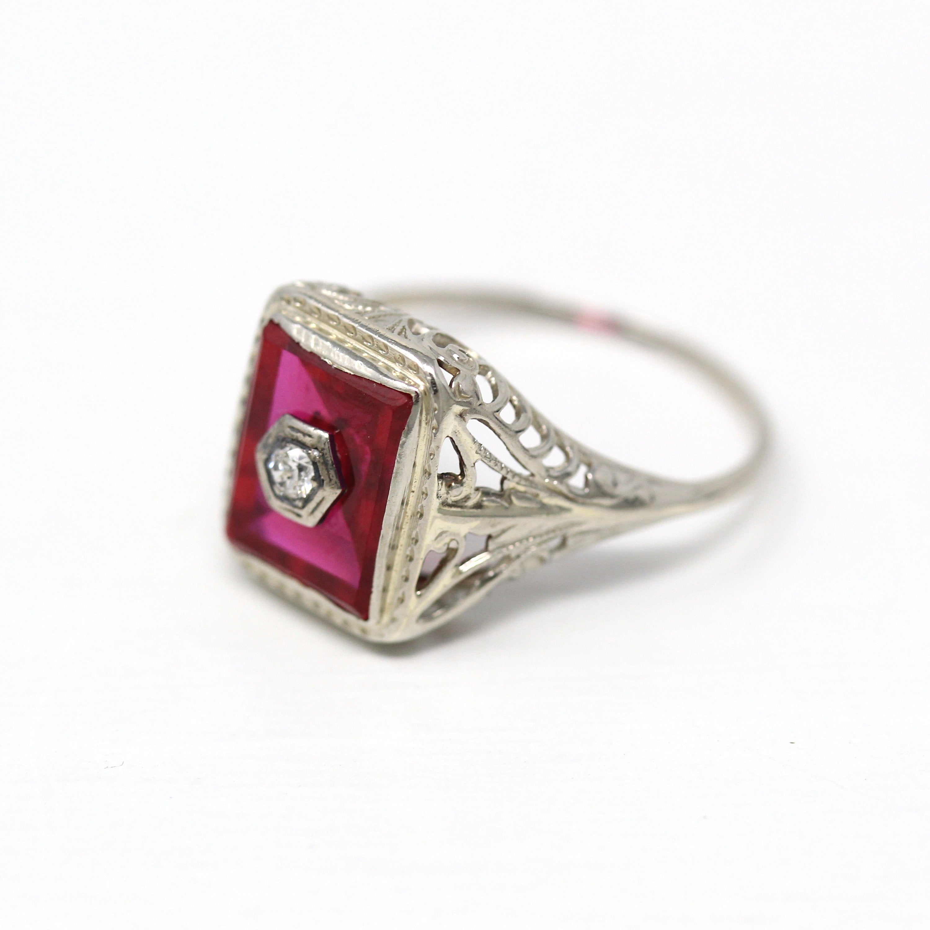 Created Ruby Ring - Art Deco 14k White Gold Red 2.88 CT Stone Genuine Diamond - Vintage Circa 1920s Size 8 1/4 July Birthstone Fine Jewelry