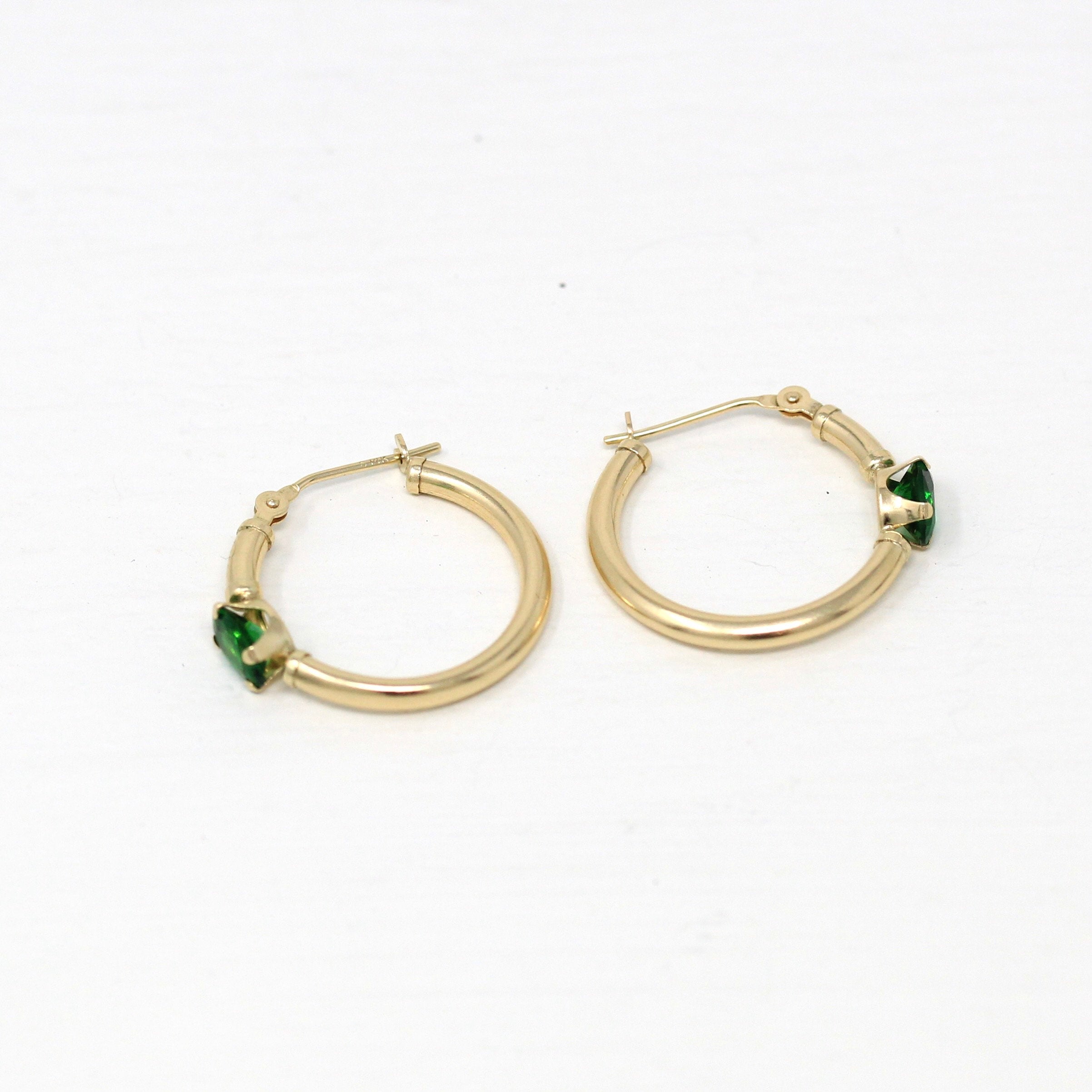 Modern Gold Hoops - Estate 14k Yellow Gold Simulated Emeralds Latch Back Earrings Pair - Circa 2000's Era Green Glass Stones Fine Jewelry