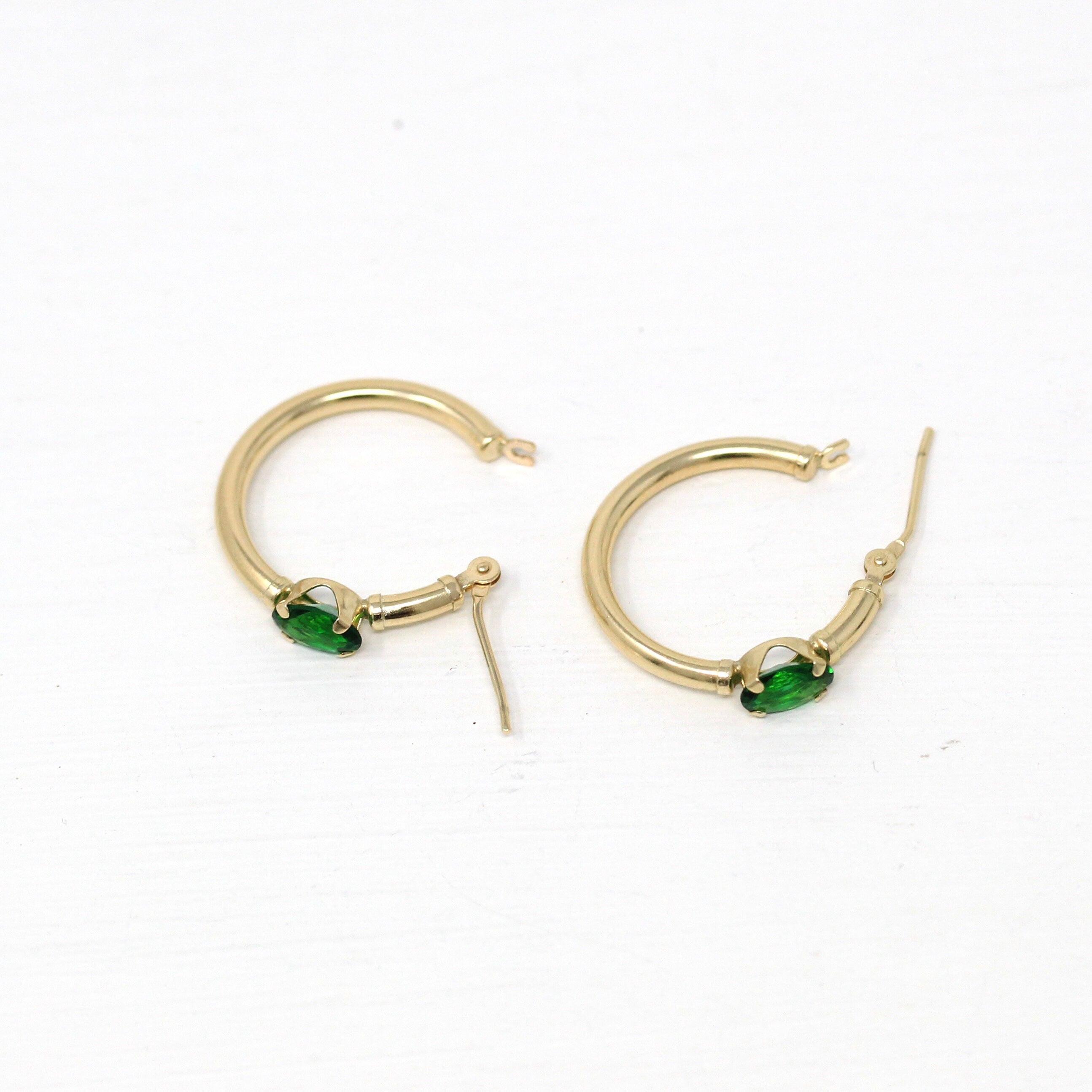 Modern Gold Hoops - Estate 14k Yellow Gold Simulated Emeralds Latch Back Earrings Pair - Circa 2000's Era Green Glass Stones Fine Jewelry