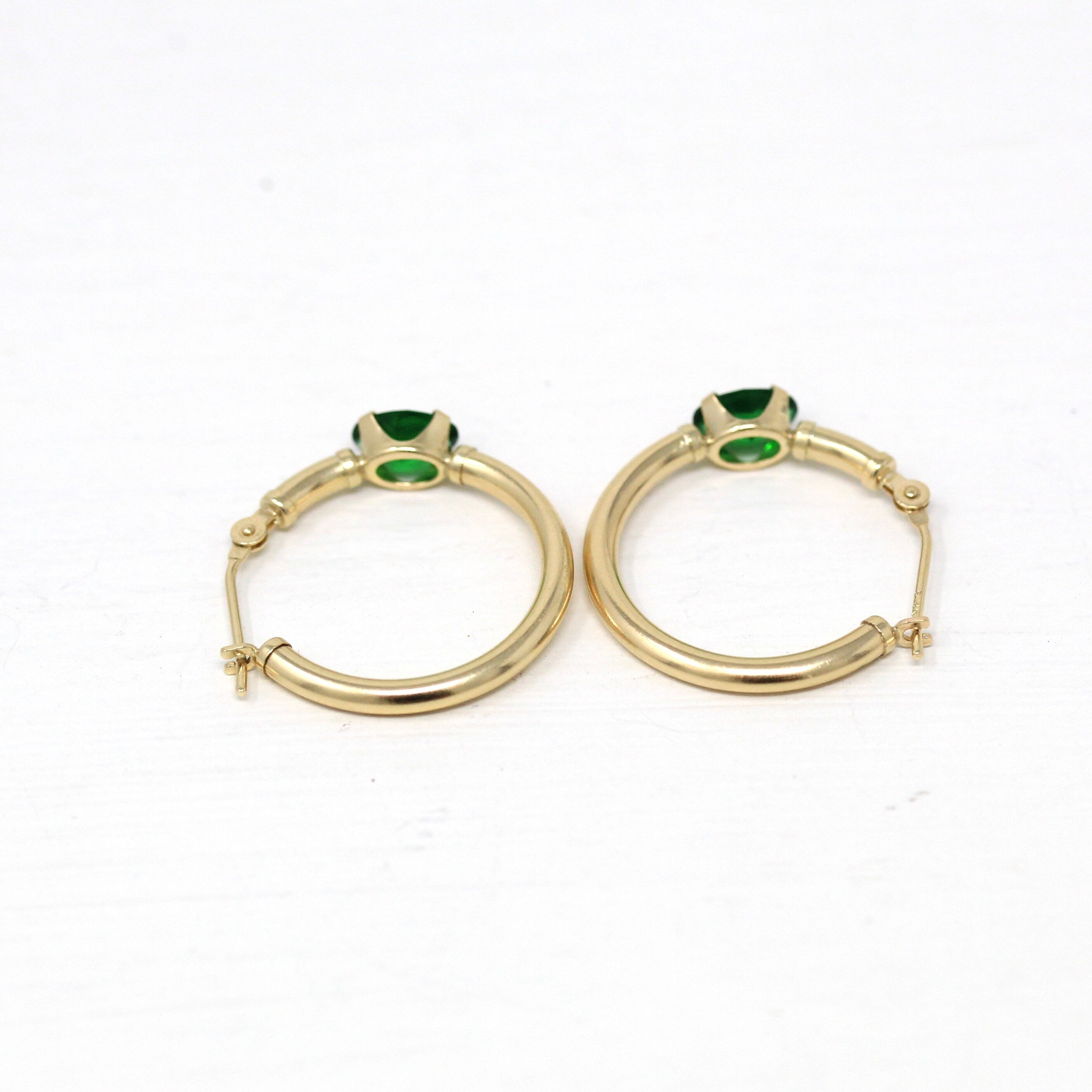 Modern Gold Hoops - Estate 14k Yellow Gold Simulated Emeralds Latch Back Earrings Pair - Circa 2000's Era Green Glass Stones Fine Jewelry