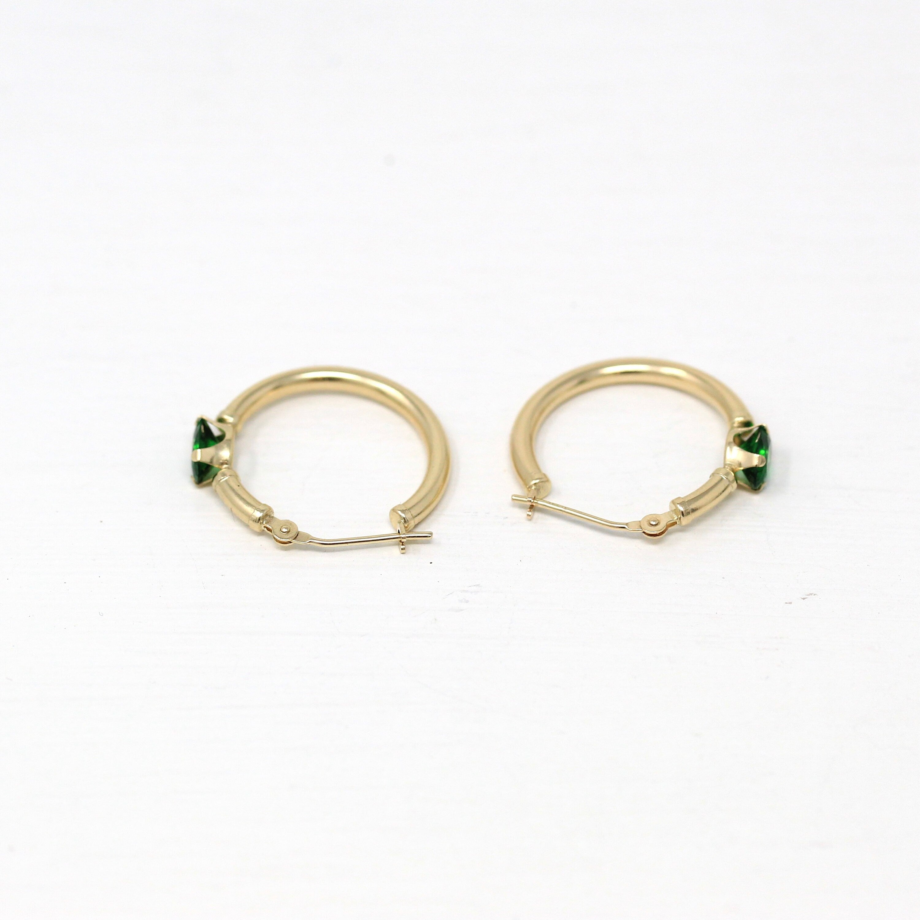 Modern Gold Hoops - Estate 14k Yellow Gold Simulated Emeralds Latch Back Earrings Pair - Circa 2000's Era Green Glass Stones Fine Jewelry