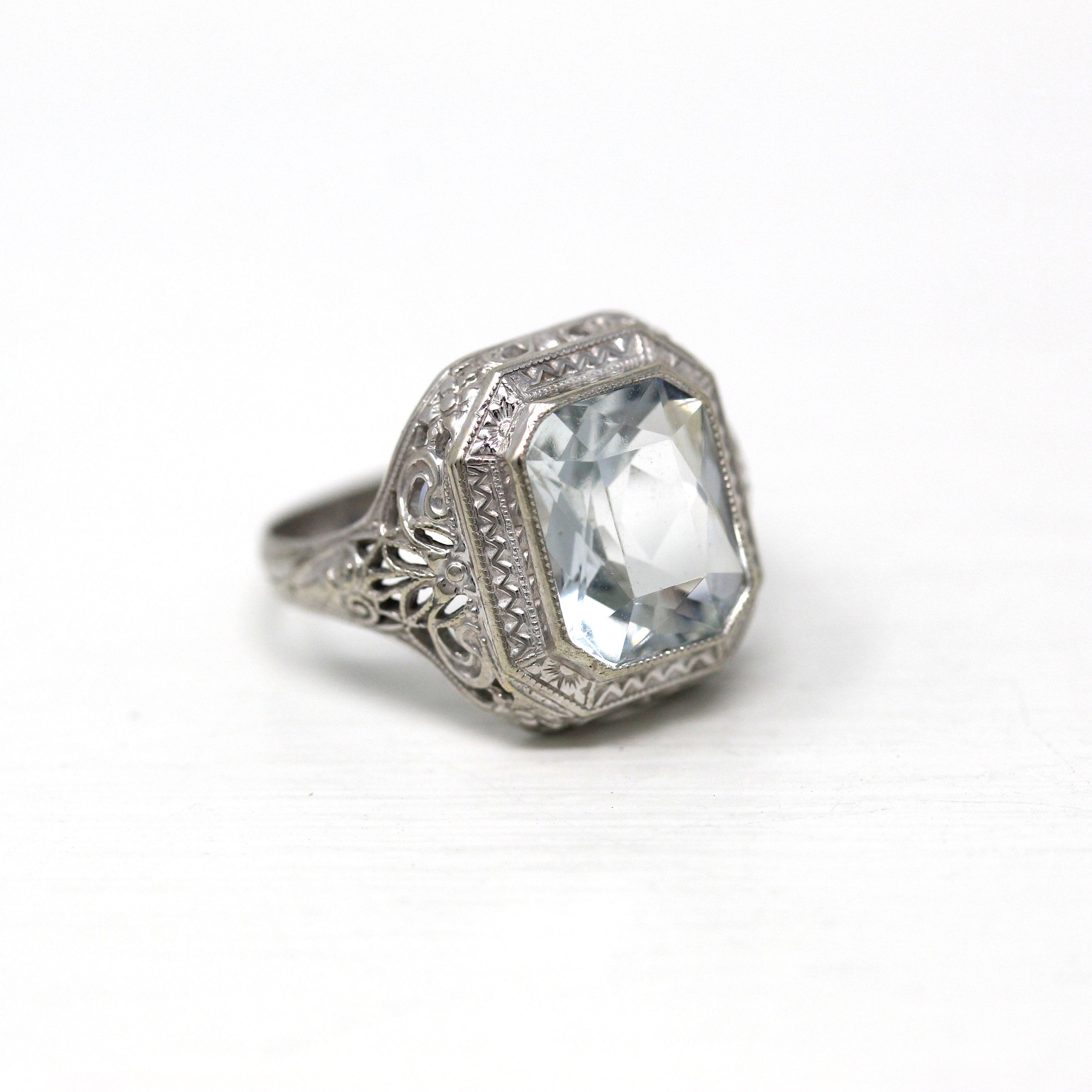 Genuine Aquamarine Ring - Art Deco 10k White Gold Emerald Cut 2.94 CT Blue Gem - Vintage Circa 1930s Era Size 5 1/4 Filigree Fine OB Jewelry