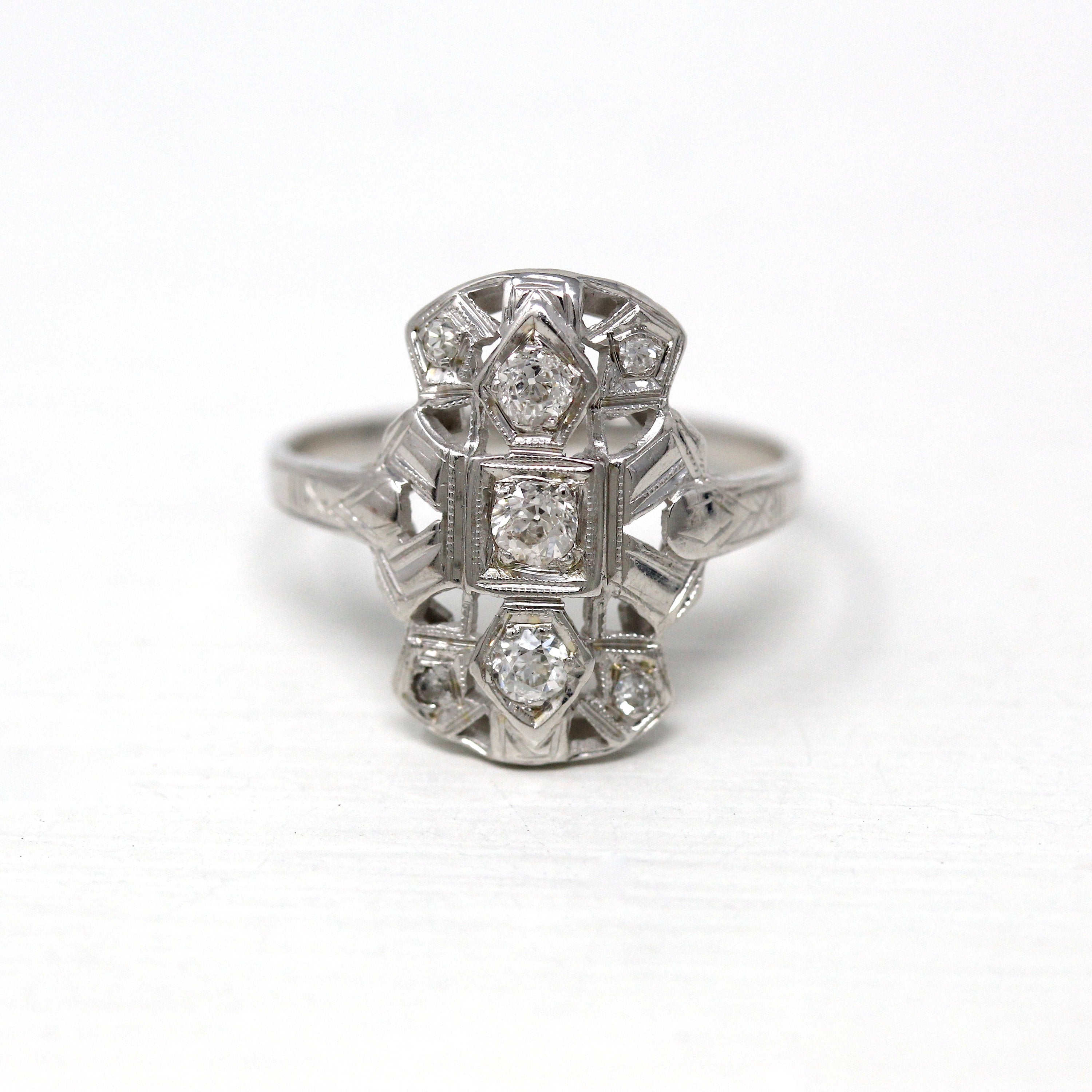 Antique Shield Ring - Art Deco 14k White Gold Genuine .20 CTW Diamond Gem - Vintage Circa 1920s Era Size 6 Navette Statement Fine Jewelry