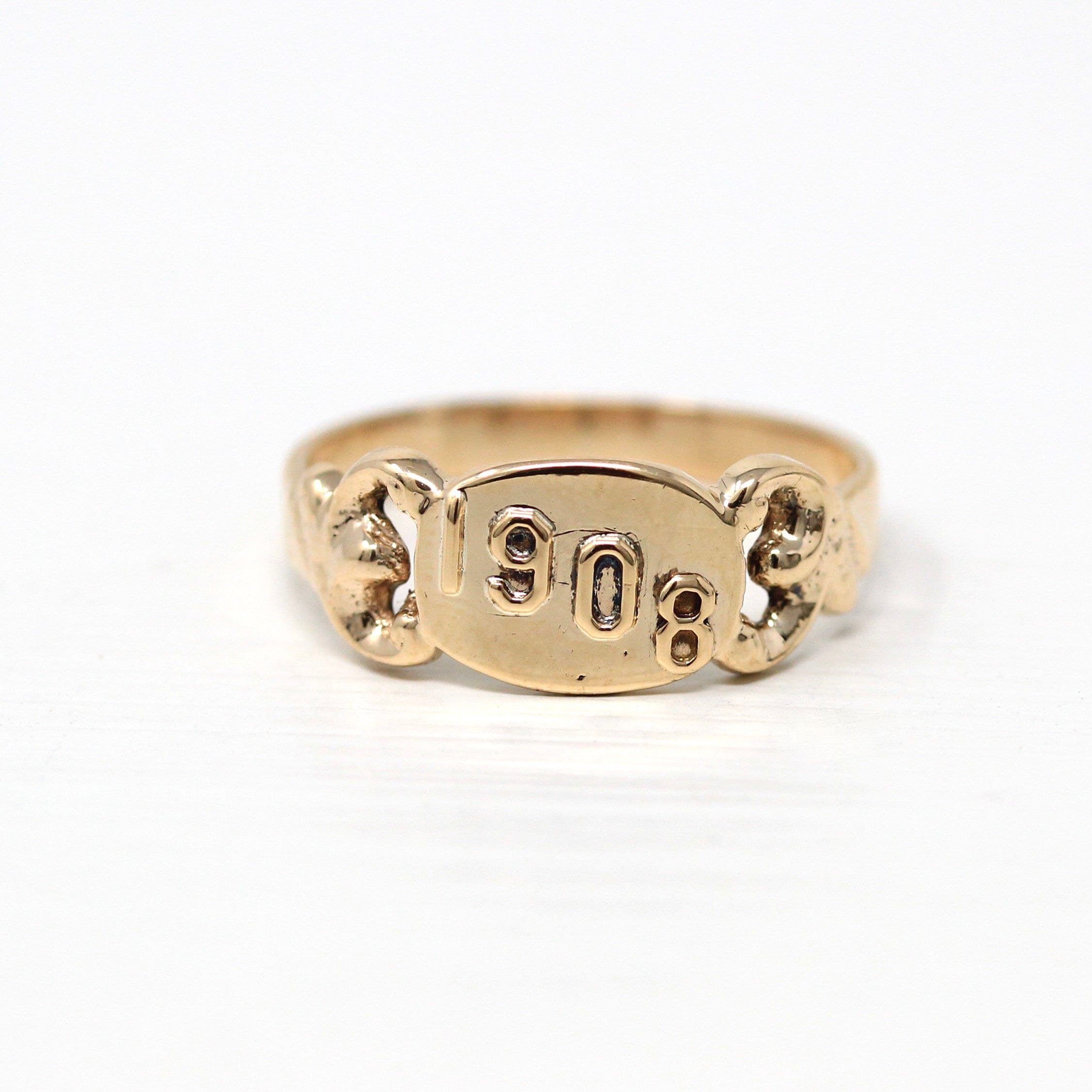 Dated 1908 Ring - Edwardian 10k Yellow Gold Signet Style Rare Dated Band - Antique Size 5 3/4 Early 1900s Fine Vintage Jewelry