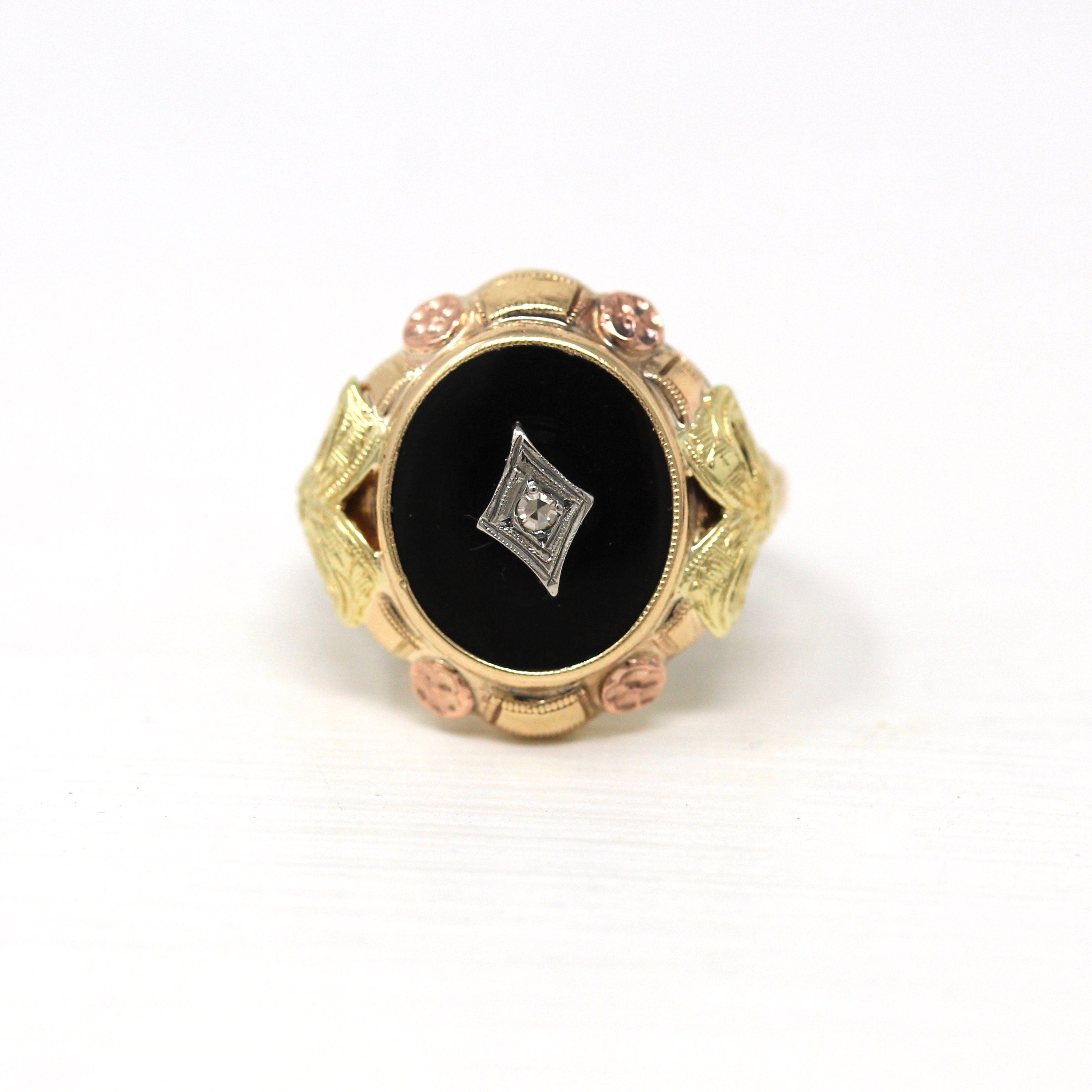 Genuine Onyx Ring - Vintage Retro 10k Yellow Gold Black Gemstone Bow & Flower Statement - Circa 1940s Era Size 7 1/2 Diamond Fine Jewelry