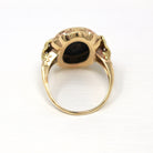 Genuine Onyx Ring - Vintage Retro 10k Yellow Gold Black Gemstone Bow & Flower Statement - Circa 1940s Era Size 7 1/2 Diamond Fine Jewelry