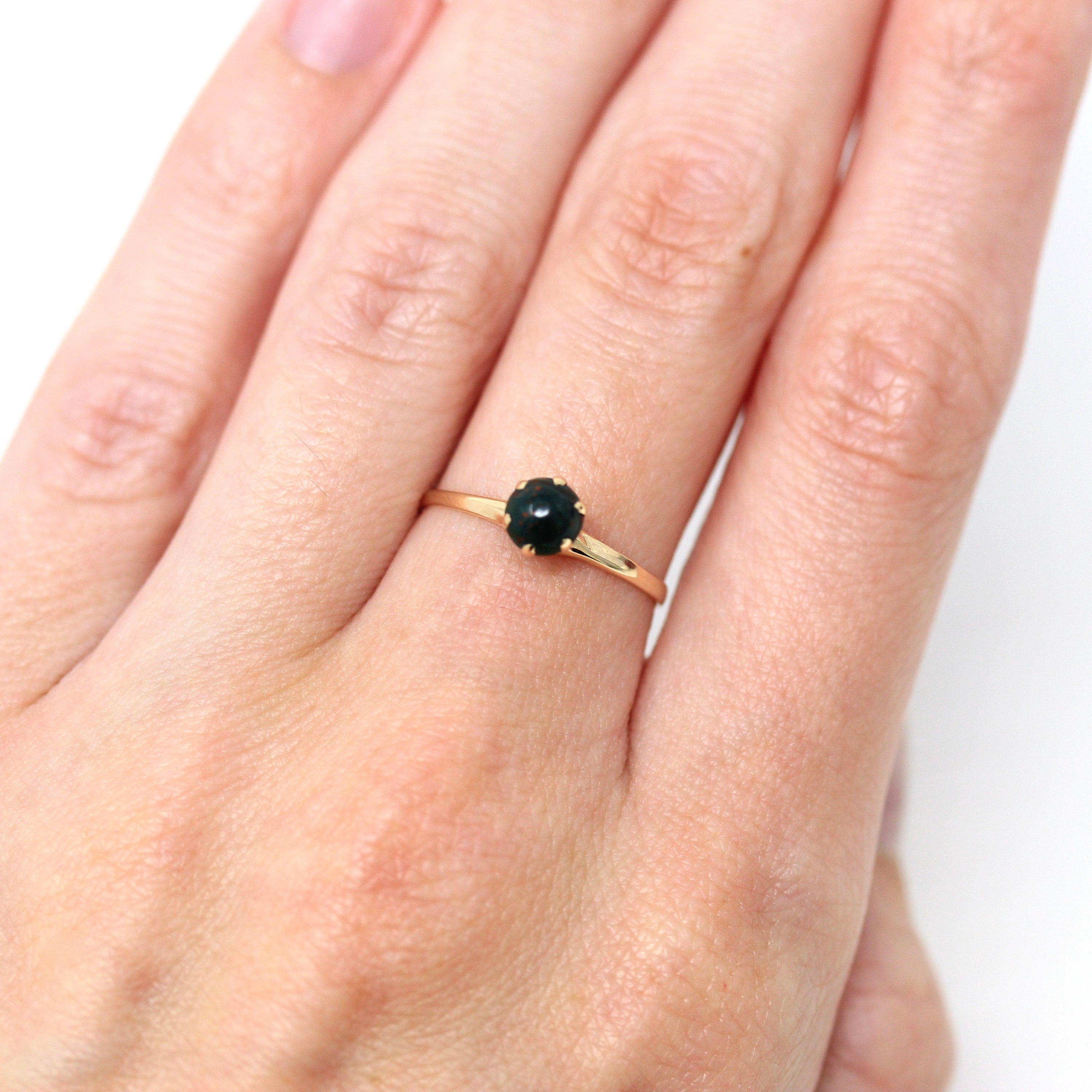 Antique Bloodstone Ring Vintage 10K Yellow Gold Round Cabochon Genuine Gemstone Edwardian Era Size 6 1 4 Solitaire 1910s Fine Jewelry