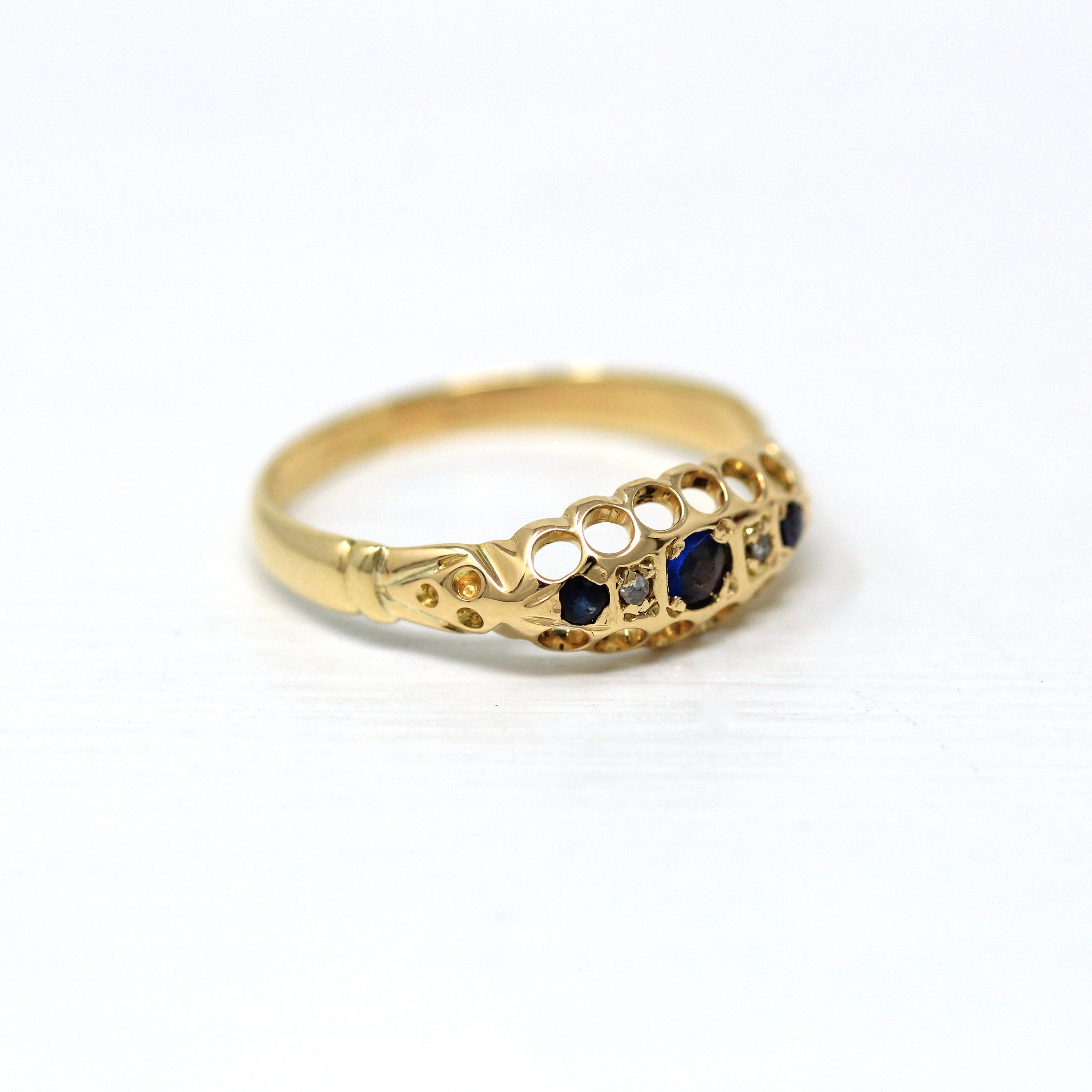 Antique Sapphire Band - Edwardian 18k Yellow Gold Blue Gem Diamond Ring - Vintage English Chester Hallmarked 1911 Size 7 1/4 Fine Jewelry