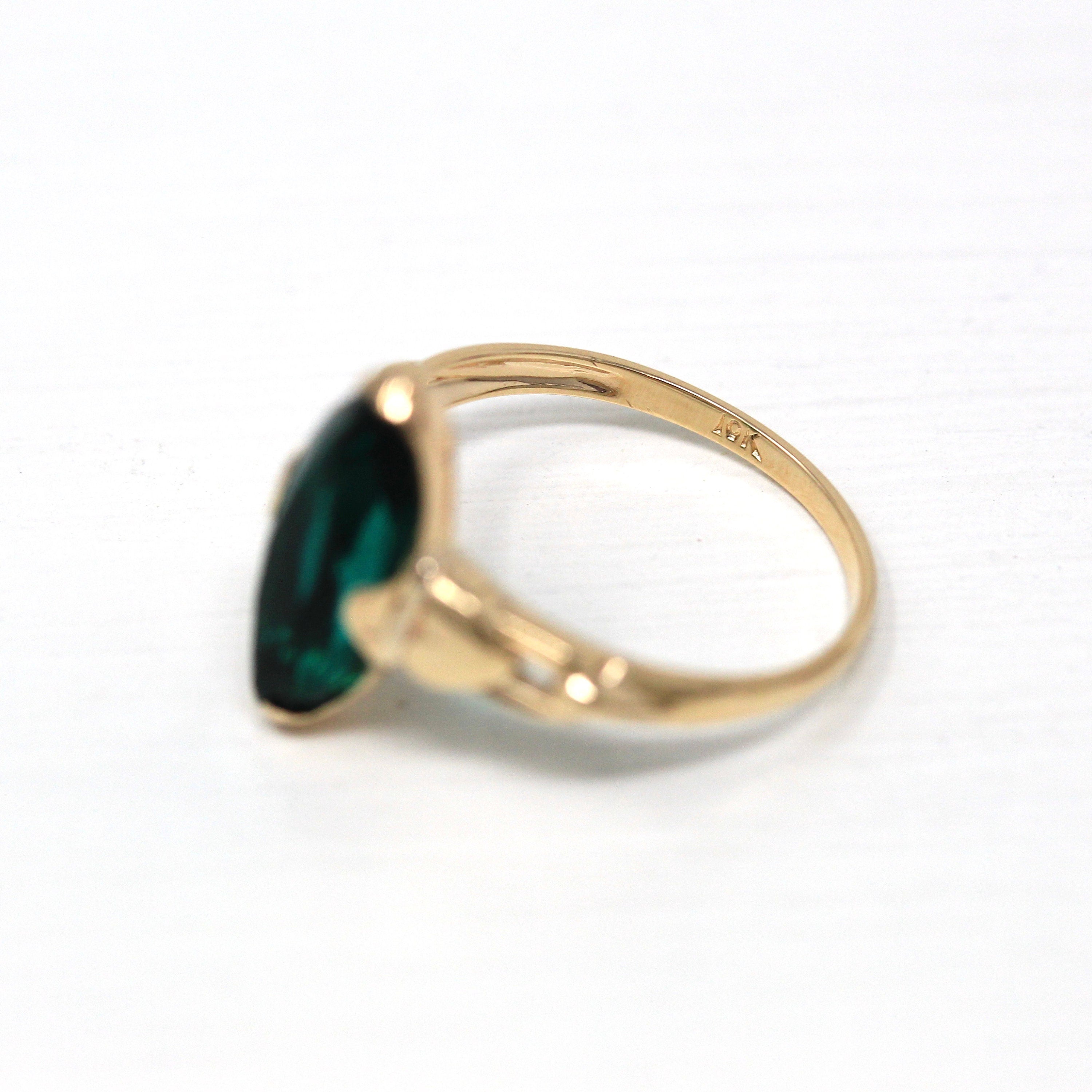 Simulated Emerald Ring - Vintage 10k Yellow Gold Green Glass Marquise Stone - Retro Circa 1940s Size 6.5 May Birthstone Color Jewelry