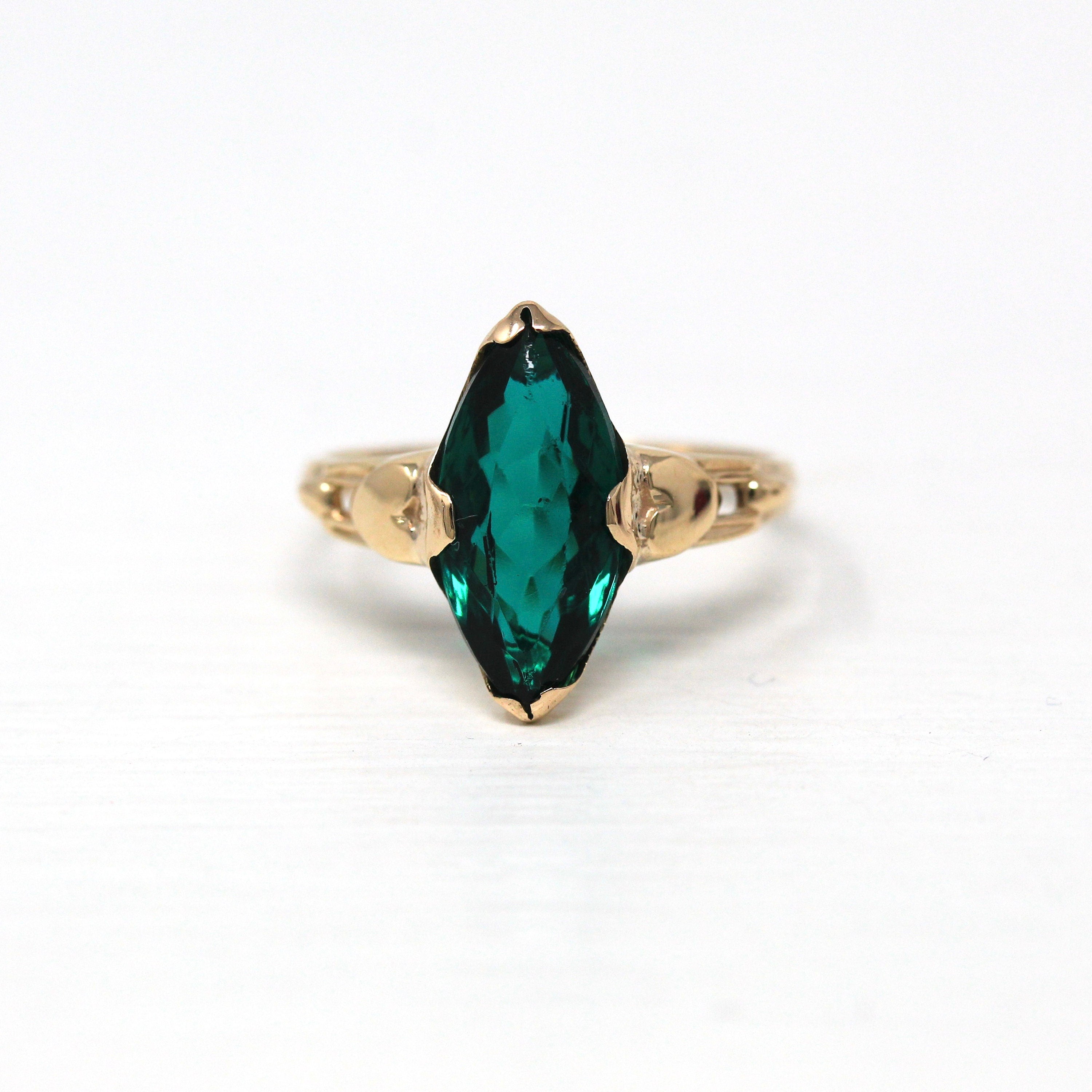 Simulated Emerald Ring - Vintage 10k Yellow Gold Green Glass Marquise Stone - Retro Circa 1940s Size 6.5 May Birthstone Color Jewelry