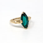 Simulated Emerald Ring - Vintage 10k Yellow Gold Green Glass Marquise Stone - Retro Circa 1940s Size 6.5 May Birthstone Color Jewelry