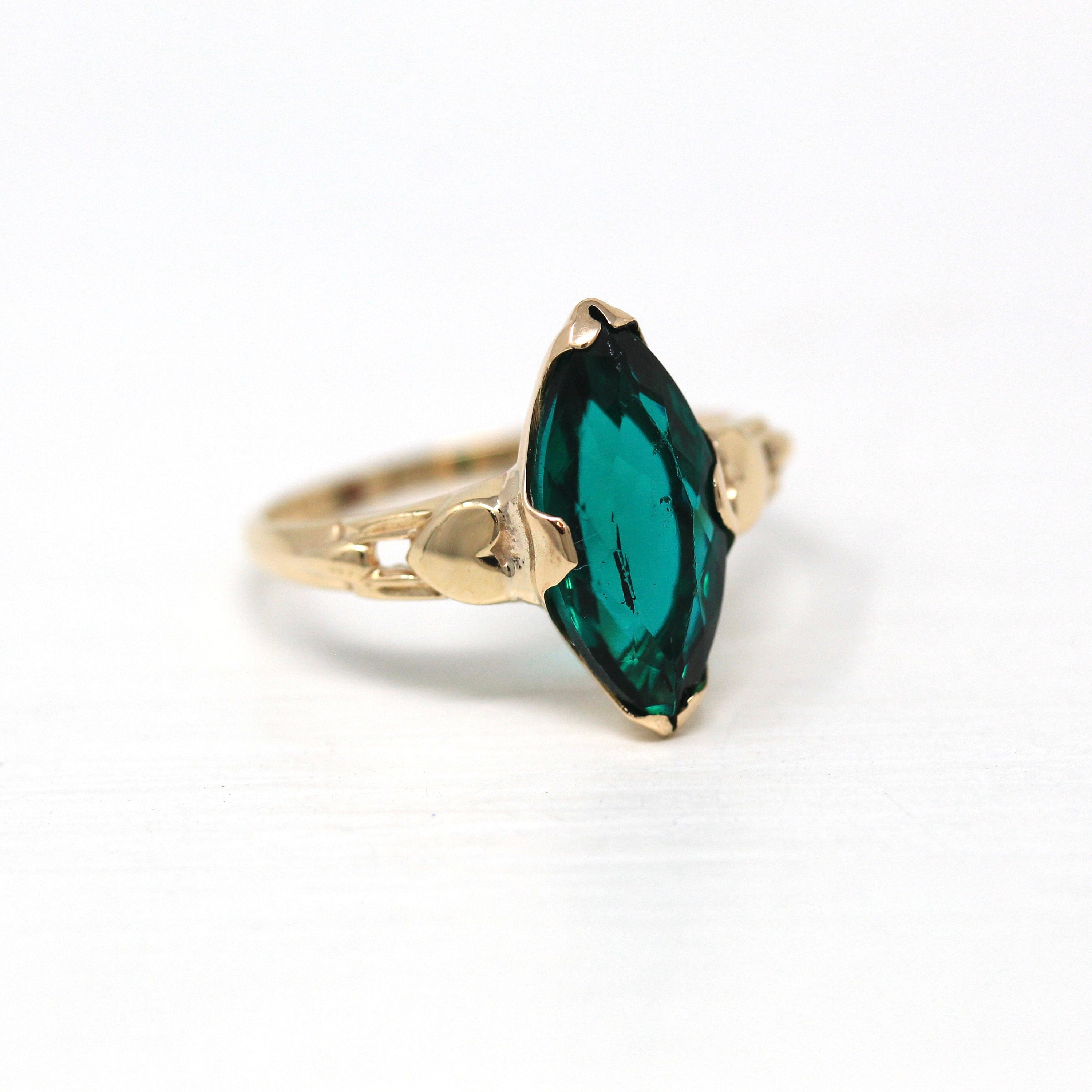 Simulated Emerald Ring - Vintage 10k Yellow Gold Green Glass Marquise Stone - Retro Circa 1940s Size 6.5 May Birthstone Color Jewelry