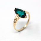 Simulated Emerald Ring - Vintage 10k Yellow Gold Green Glass Marquise Stone - Retro Circa 1940s Size 6.5 May Birthstone Color Jewelry