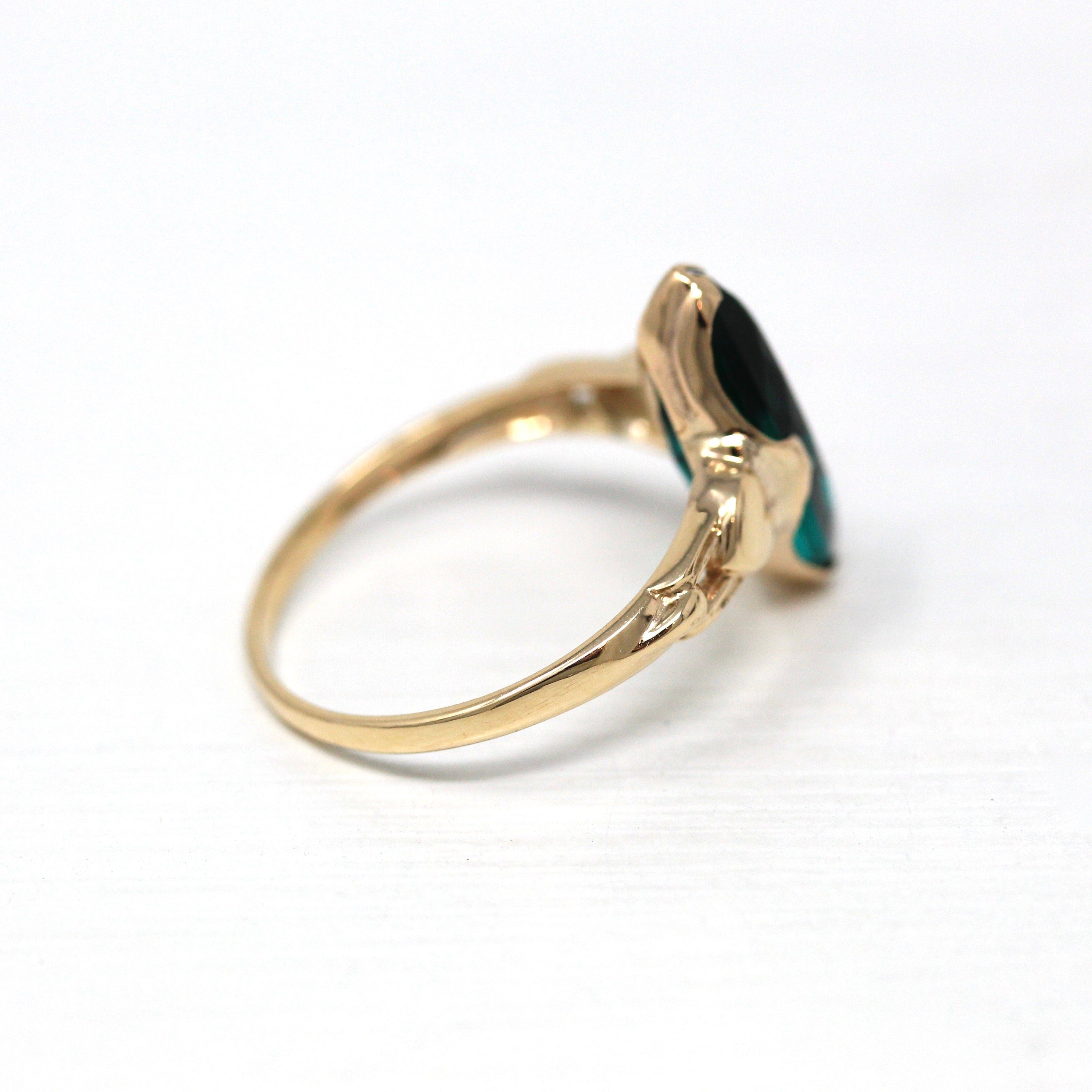 Simulated Emerald Ring - Vintage 10k Yellow Gold Green Glass Marquise Stone - Retro Circa 1940s Size 6.5 May Birthstone Color Jewelry