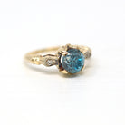 Blue Zircon Ring - Vintage Retro 10k Yellow & White Gold Diamond + Blue 1.75 CT Gemstone - Size 4 3/4 1940s Gem Two Tone Fine Jewelry