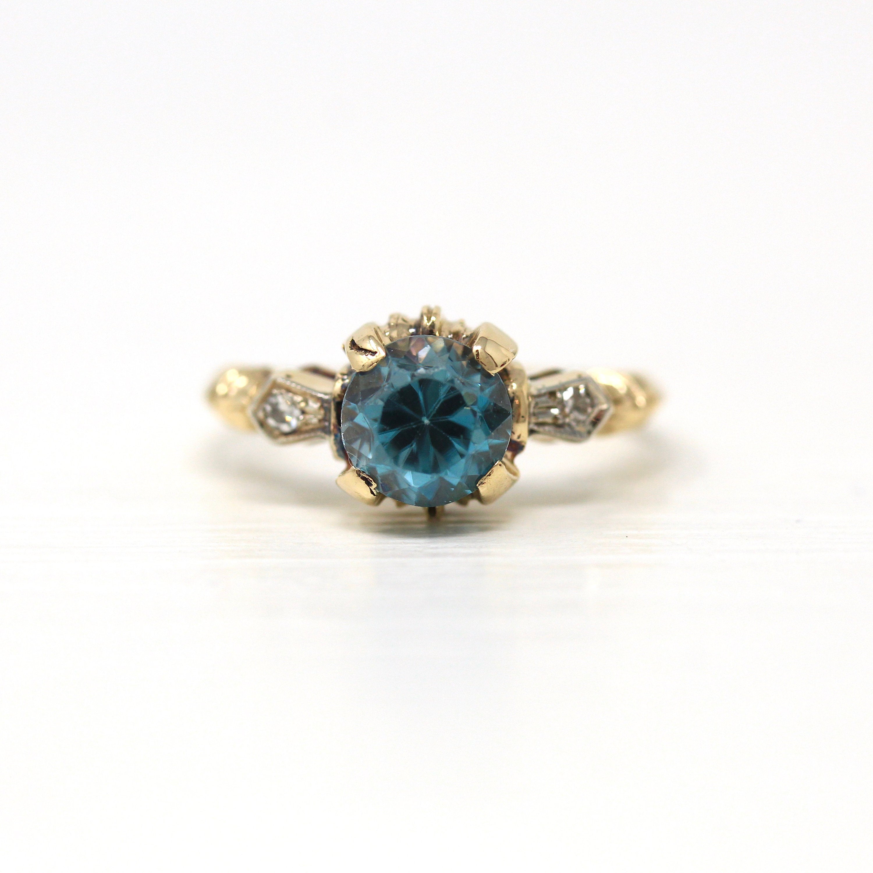 Blue Zircon Ring - Vintage Retro 10k Yellow & White Gold Diamond + Blue 1.75 CT Gemstone - Size 4 3/4 1940s Gem Two Tone Fine Jewelry