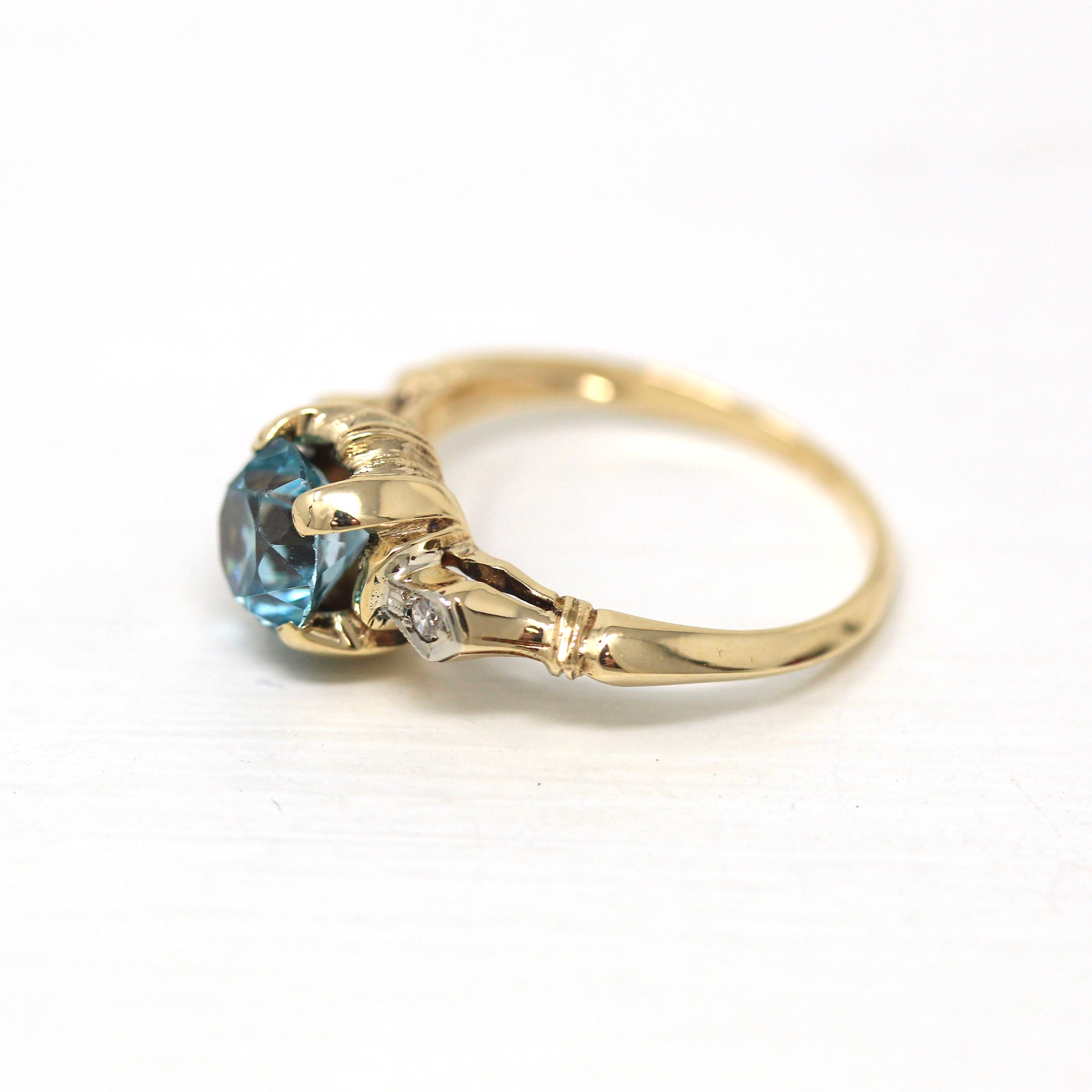 Blue Zircon Ring - Vintage Retro 10k Yellow & White Gold Diamond + Blue 1.75 CT Gemstone - Size 4 3/4 1940s Gem Two Tone Fine Jewelry