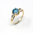 Blue Zircon Ring - Vintage Retro 10k Yellow & White Gold Diamond + Blue 1.75 CT Gemstone - Size 4 3/4 1940s Gem Two Tone Fine Jewelry