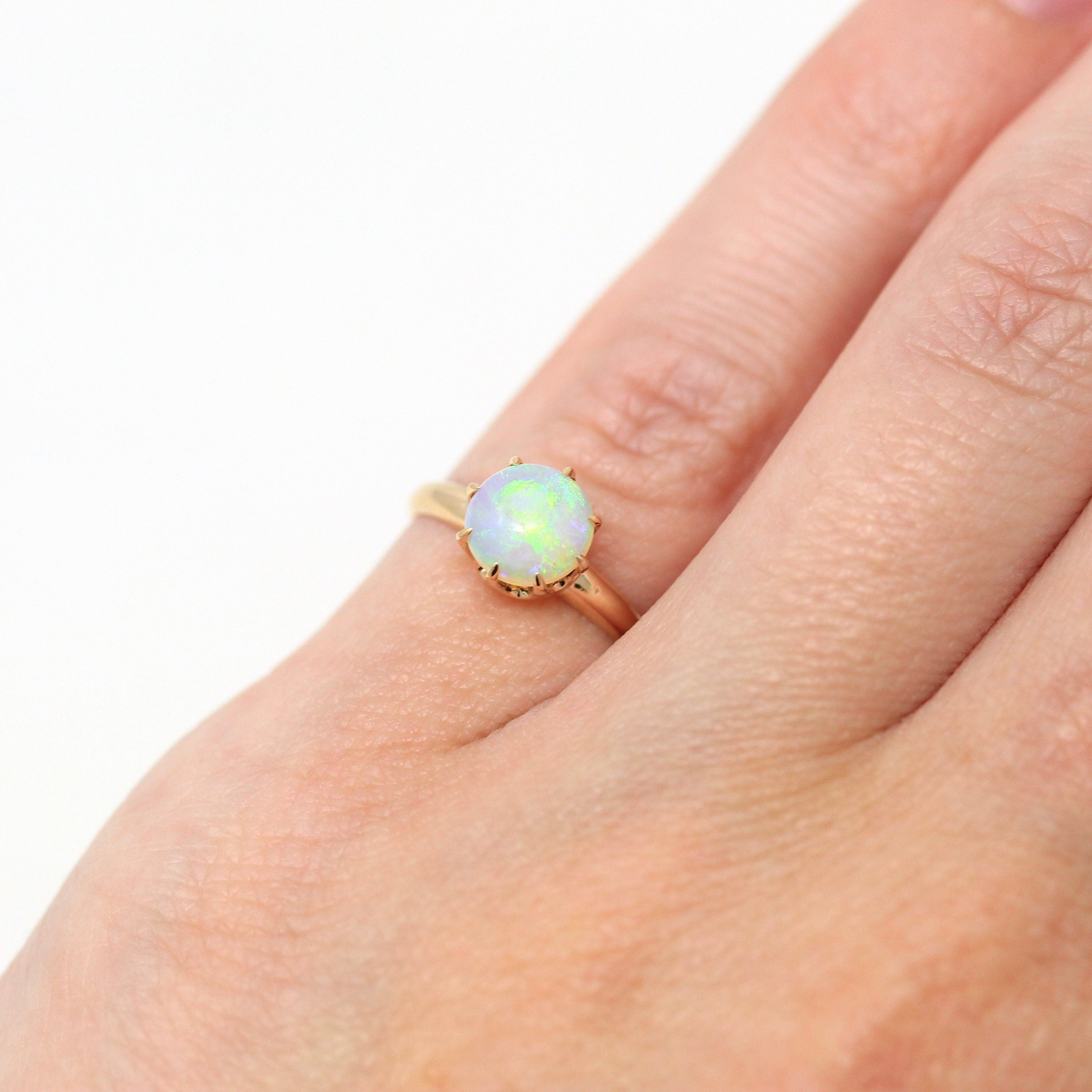 Genuine Opal Ring - Edwardian 10k Yellow Gold Cabochon Cut .70 CT Gem - Antique Circa 1910s Era Size 3 1/2 October Birthstone Fine Jewelry