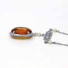 Art Deco Lavalier - Vintage 10k White Gold Simulated Citrine Orange Glass Necklace - Circa 1930s Simulated Seed Pearls Filigree Fine Jewelry