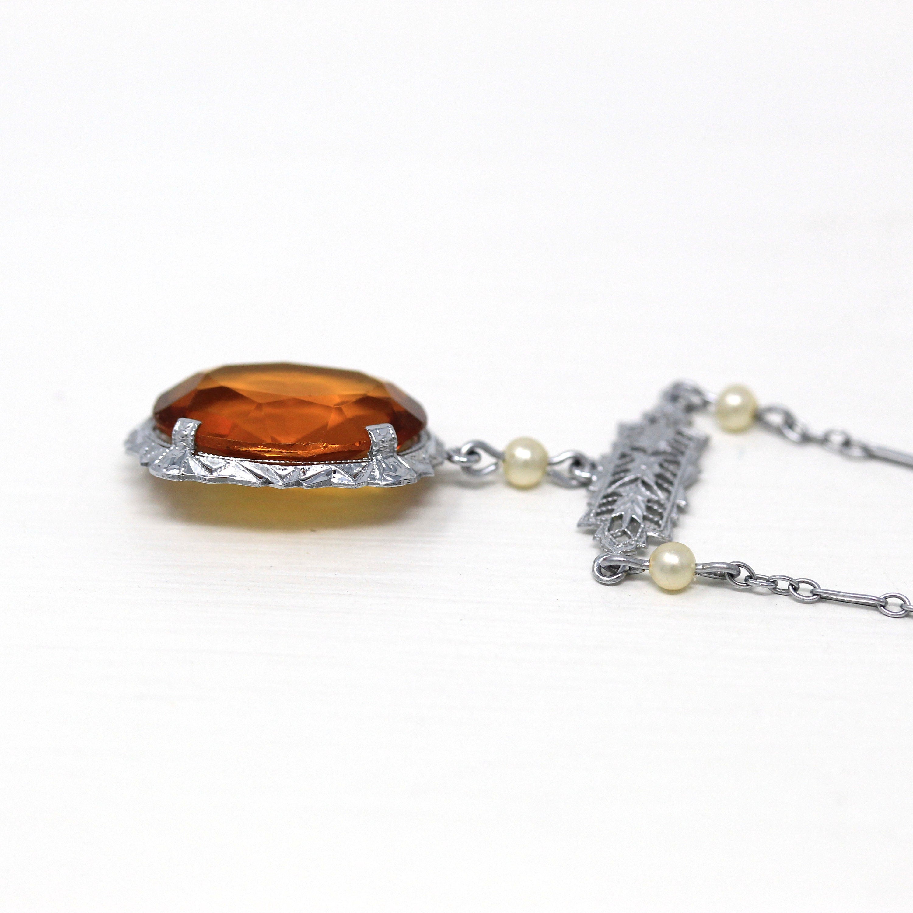 Art Deco Lavalier - Vintage 10k White Gold Simulated Citrine Orange Glass Necklace - Circa 1930s Simulated Seed Pearls Filigree Fine Jewelry