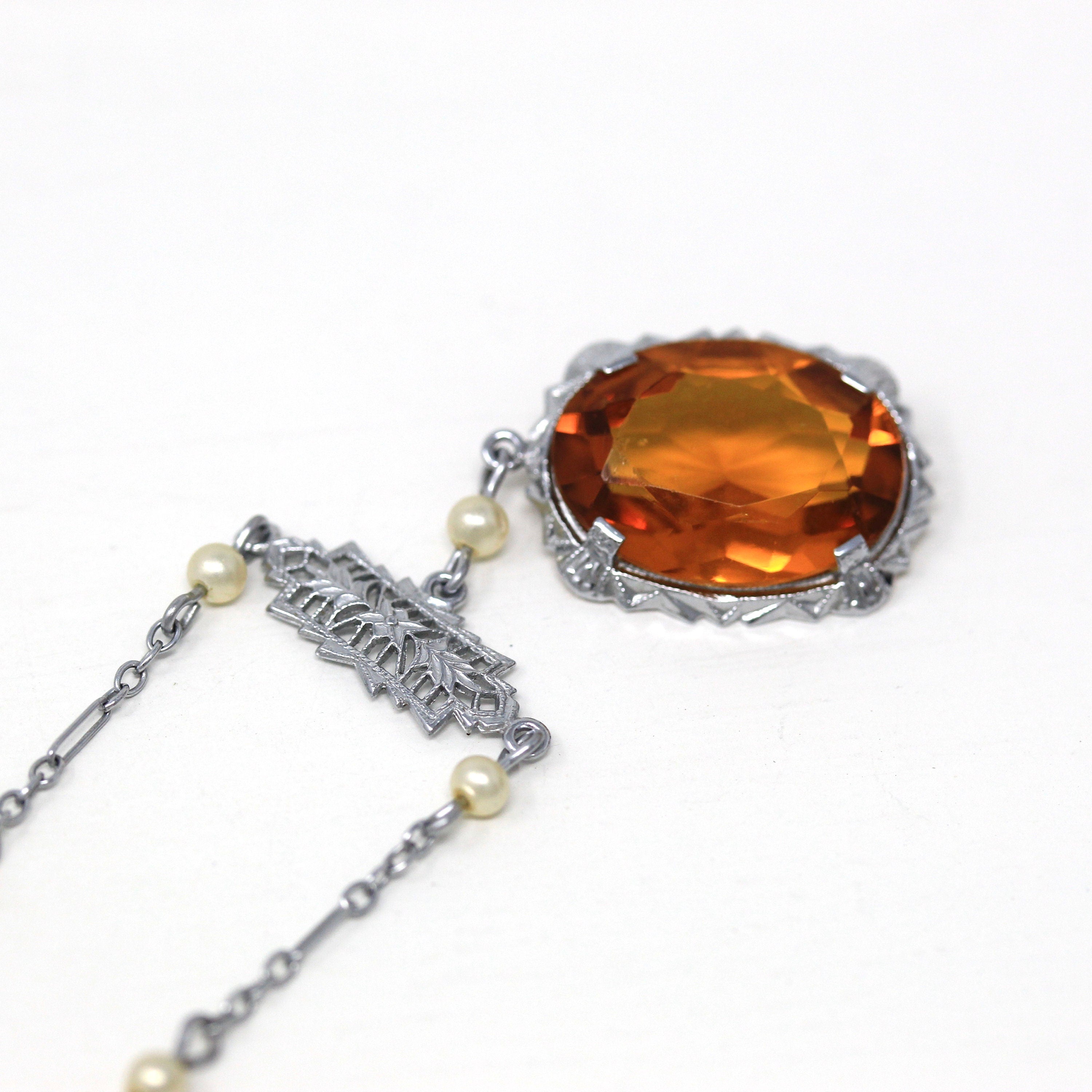 Art Deco Lavalier - Vintage 10k White Gold Simulated Citrine Orange Glass Necklace - Circa 1930s Simulated Seed Pearls Filigree Fine Jewelry