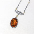 Art Deco Lavalier - Vintage 10k White Gold Simulated Citrine Orange Glass Necklace - Circa 1930s Simulated Seed Pearls Filigree Fine Jewelry