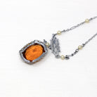 Art Deco Lavalier - Vintage 10k White Gold Simulated Citrine Orange Glass Necklace - Circa 1930s Simulated Seed Pearls Filigree Fine Jewelry