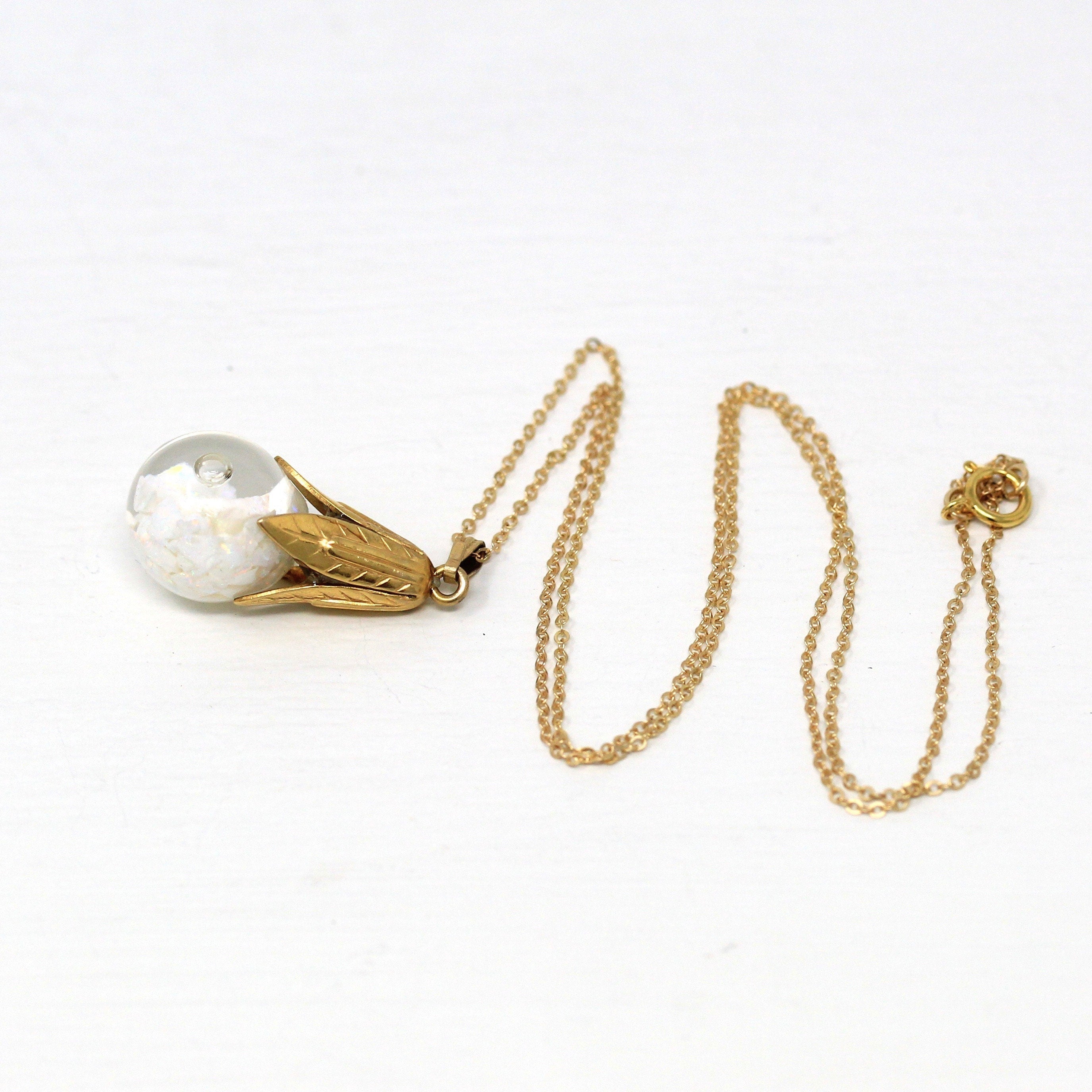 Floating Opal Charm - Retro Gold Filled Tulip Cap Genuine Gemstones Sphere Orb Fob - Vintage 1940s Era Liquid Teardrop Pendant 40s Jewelry