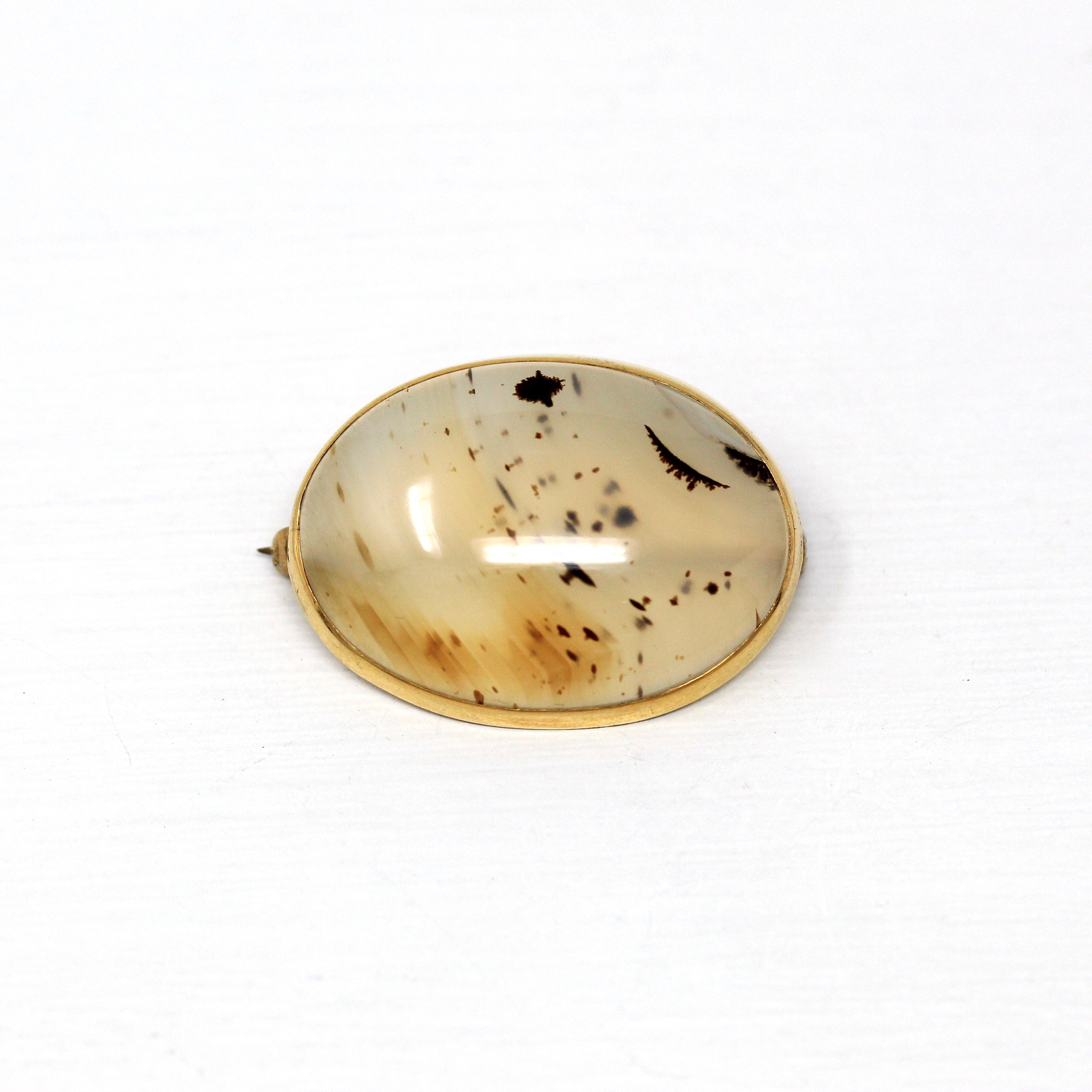 Genuine Agate Brooch - Edwardian 10k Yellow Gold Oval Gemstone Pin - Antique Circa 1900s Era Statement Fine Fashion Accessory Jewelry