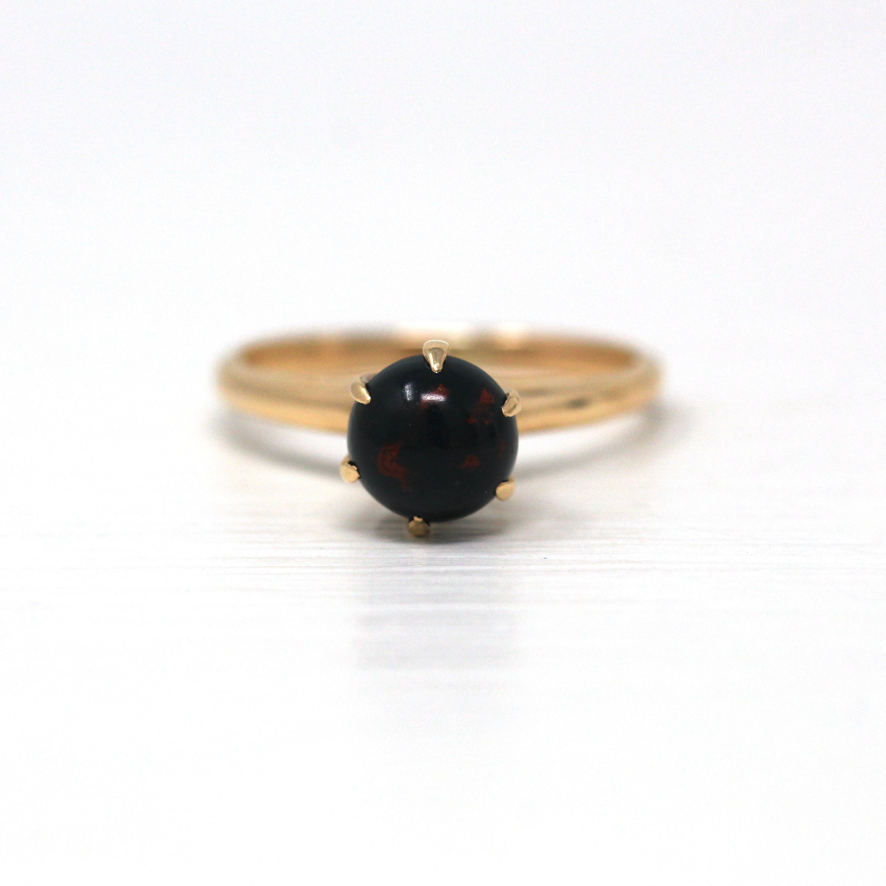 Genuine Bloodstone Ring - Edwardian 10k Yellow Gold Round Cabochon Cut 1.25 CT - Antique Circa 1910s Era Size 6 3/4 Solitaire Fine Jewelry