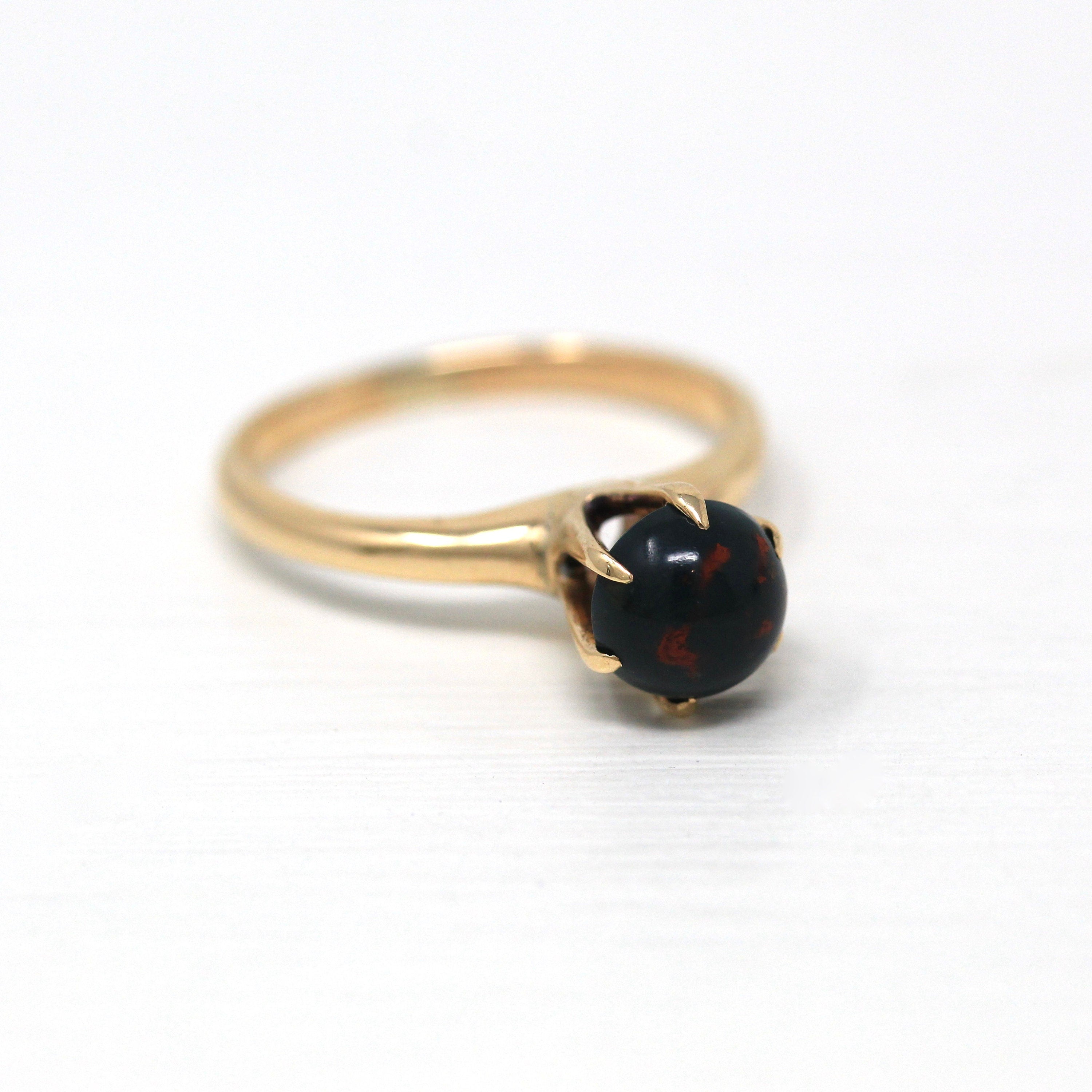 Genuine Bloodstone Ring - Edwardian 10k Yellow Gold Round Cabochon Cut 1.25 CT - Antique Circa 1910s Era Size 6 3/4 Solitaire Fine Jewelry