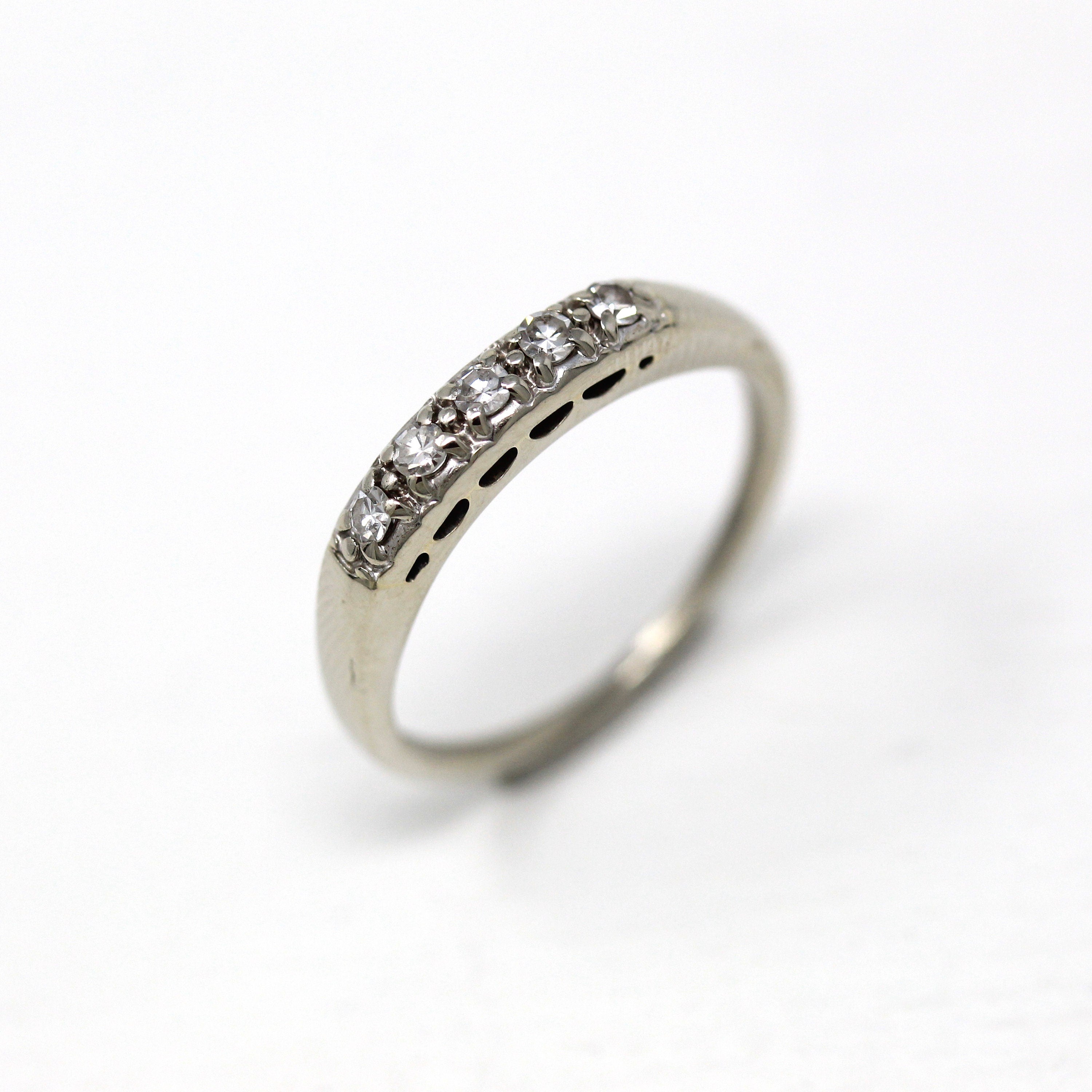 Genuine Diamond Band - Mid Century 14k White Gold .10 CTW Genuine Gems Wedding Ring - Circa 1950s Era Size 6 Wedding Stacking 50s Jewelry