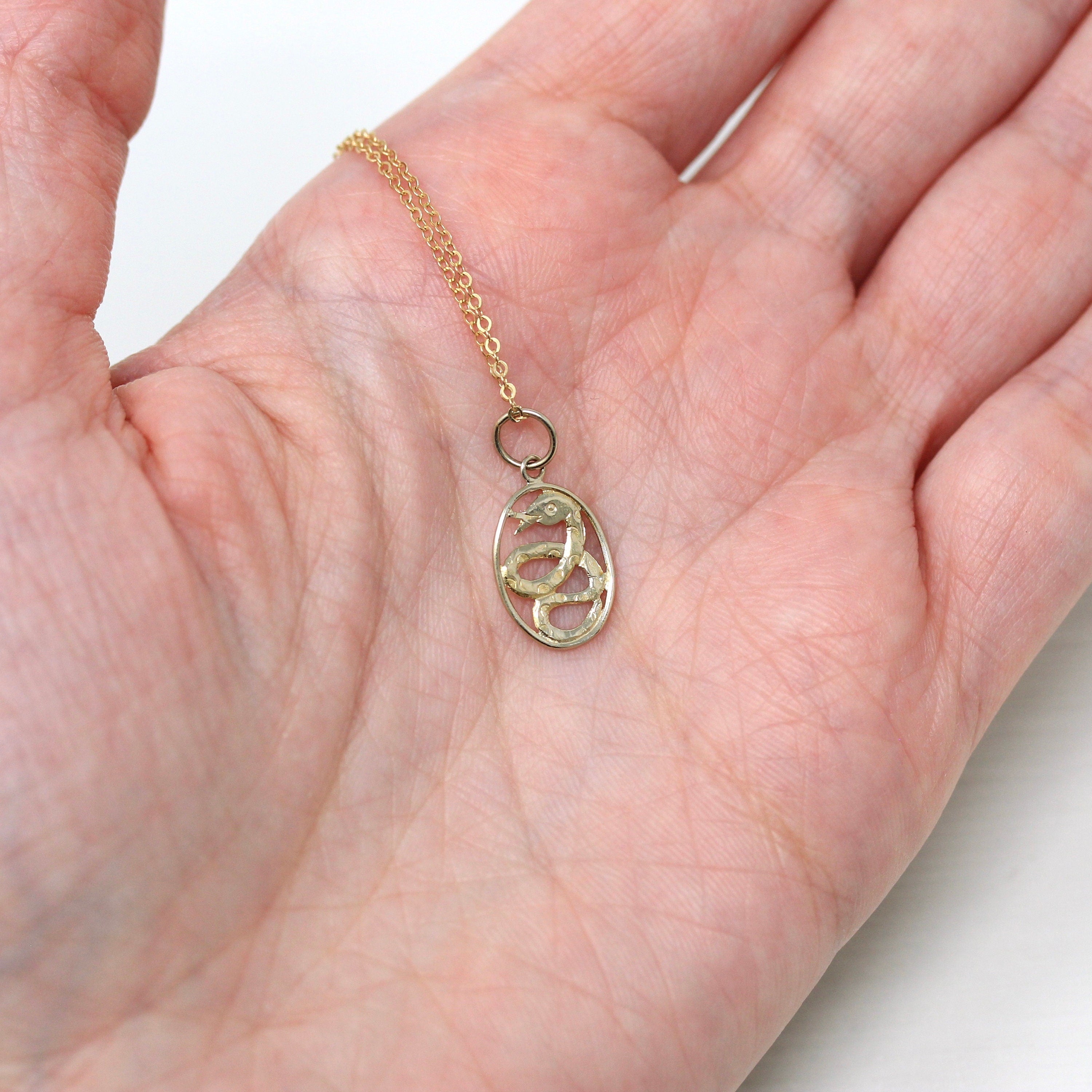 Modern Snake Charm - Estate 18k 750 Yellow Gold Figural Coiled Serpent Necklace Pendant - Circa 2000's Era Dainty Oval Fine Animal Jewelry