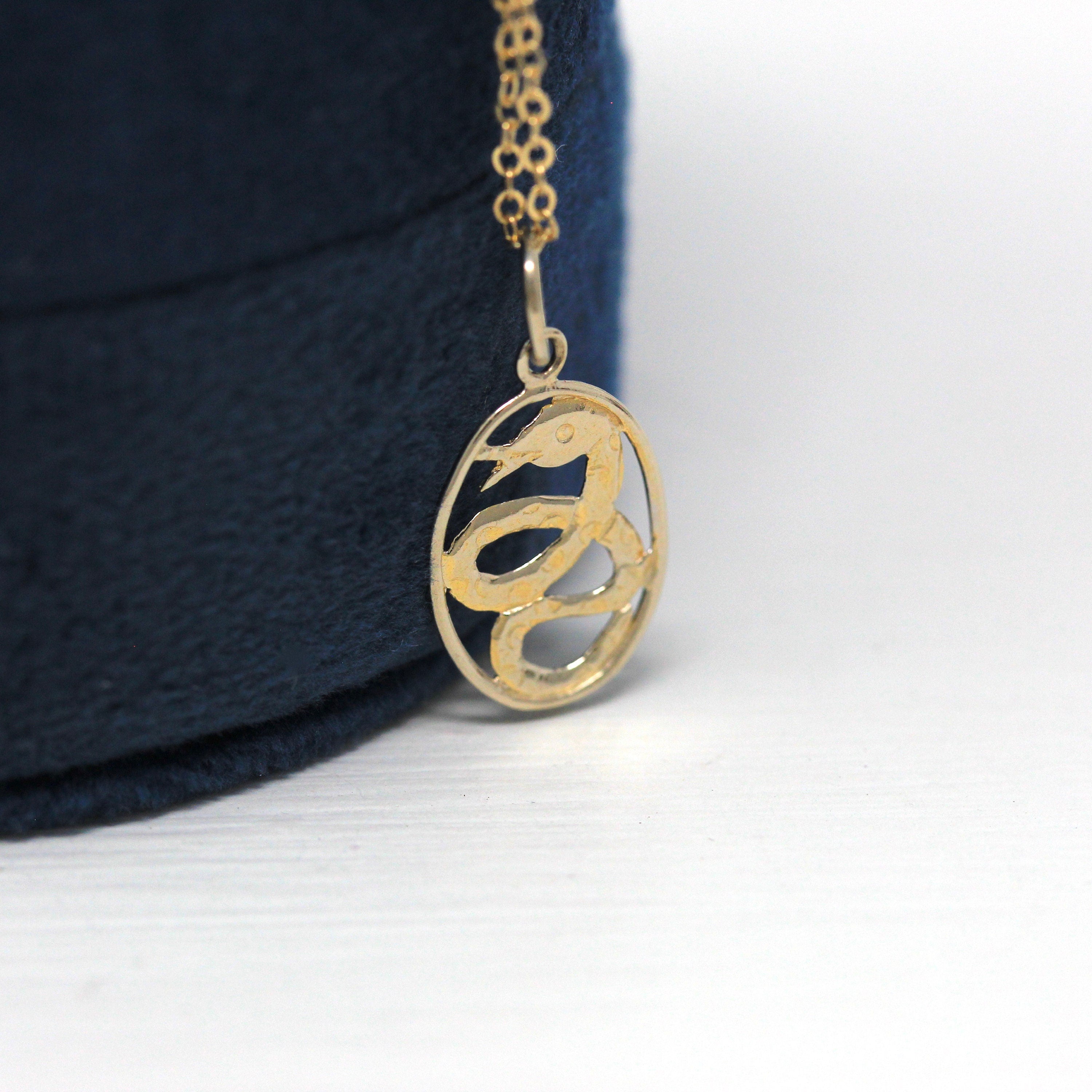 Modern Snake Charm - Estate 18k 750 Yellow Gold Figural Coiled Serpent Necklace Pendant - Circa 2000's Era Dainty Oval Fine Animal Jewelry