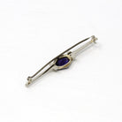 Art Deco Brooch - Vintage 10k White Gold Indigo Glass Simulated Sapphire Pin - Circa 1930s Era Bar Style Fashion Accessory Fine 30s Jewelry