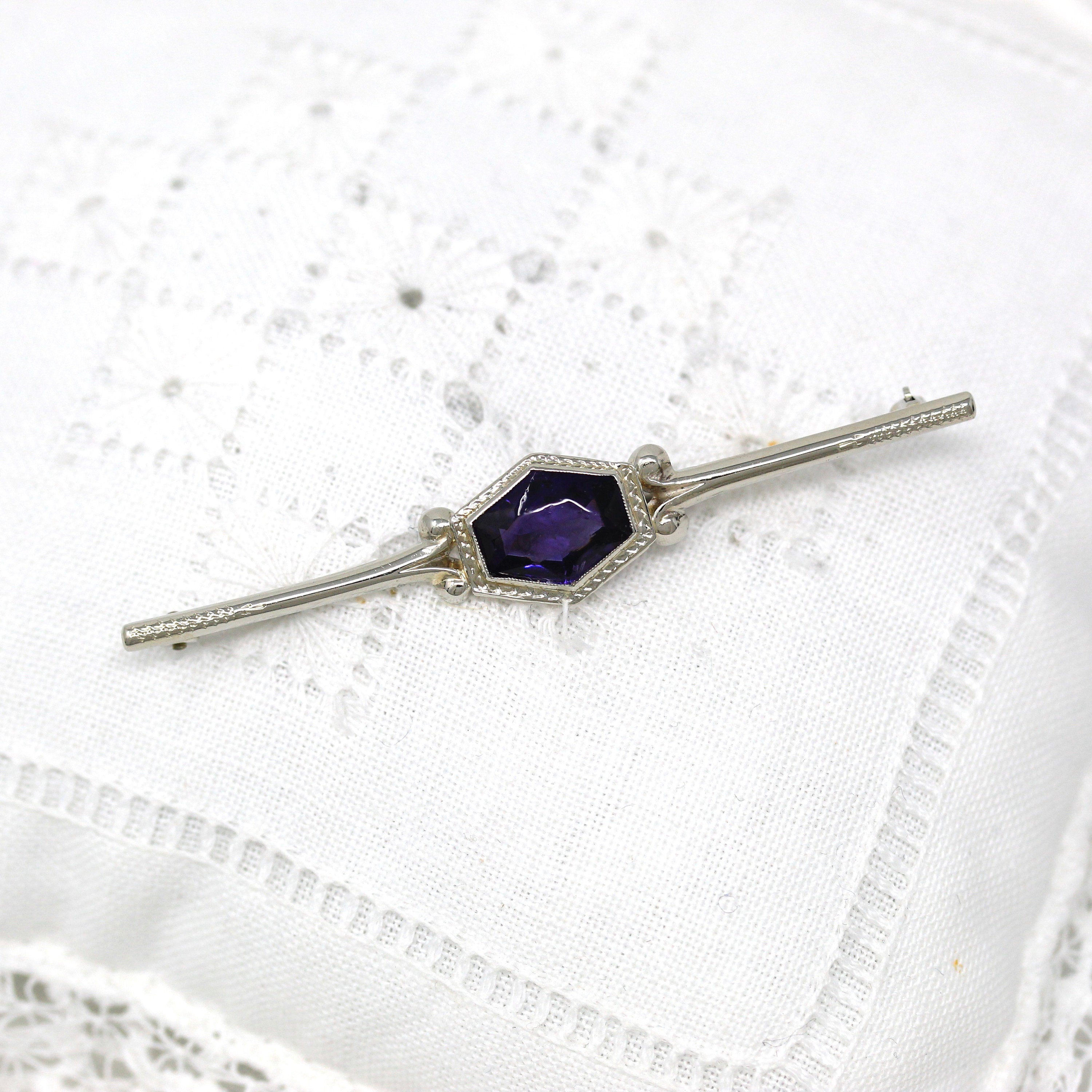 Art Deco Brooch - Vintage 10k White Gold Indigo Glass Simulated Sapphire Pin - Circa 1930s Era Bar Style Fashion Accessory Fine 30s Jewelry