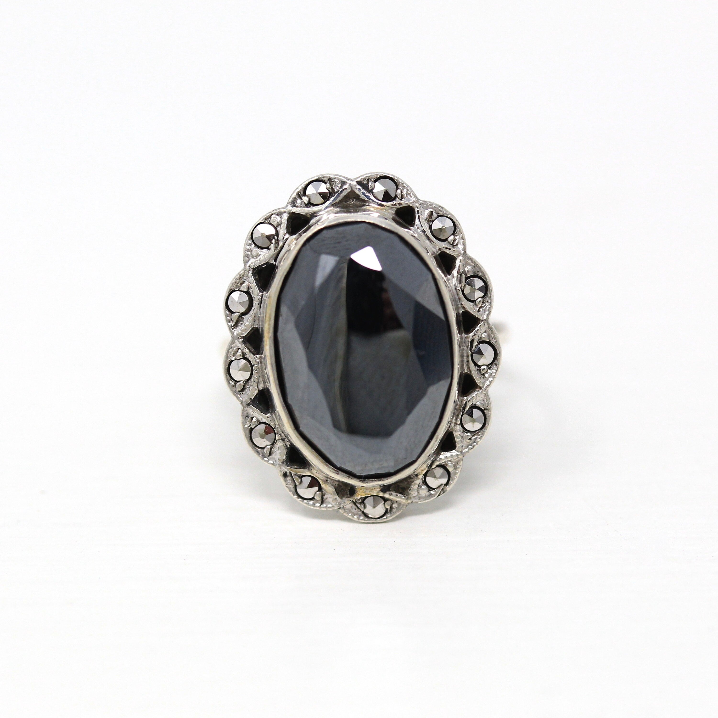 Vintage Hematite Ring - Art Deco Sterling Silver Marcasite Halo Oval Faceted Metallic Stone - Circa 1930s Era Size 5 1/2 Statement Jewelry