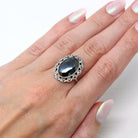 Vintage Hematite Ring - Art Deco Sterling Silver Marcasite Halo Oval Faceted Metallic Stone - Circa 1930s Era Size 5 1/2 Statement Jewelry