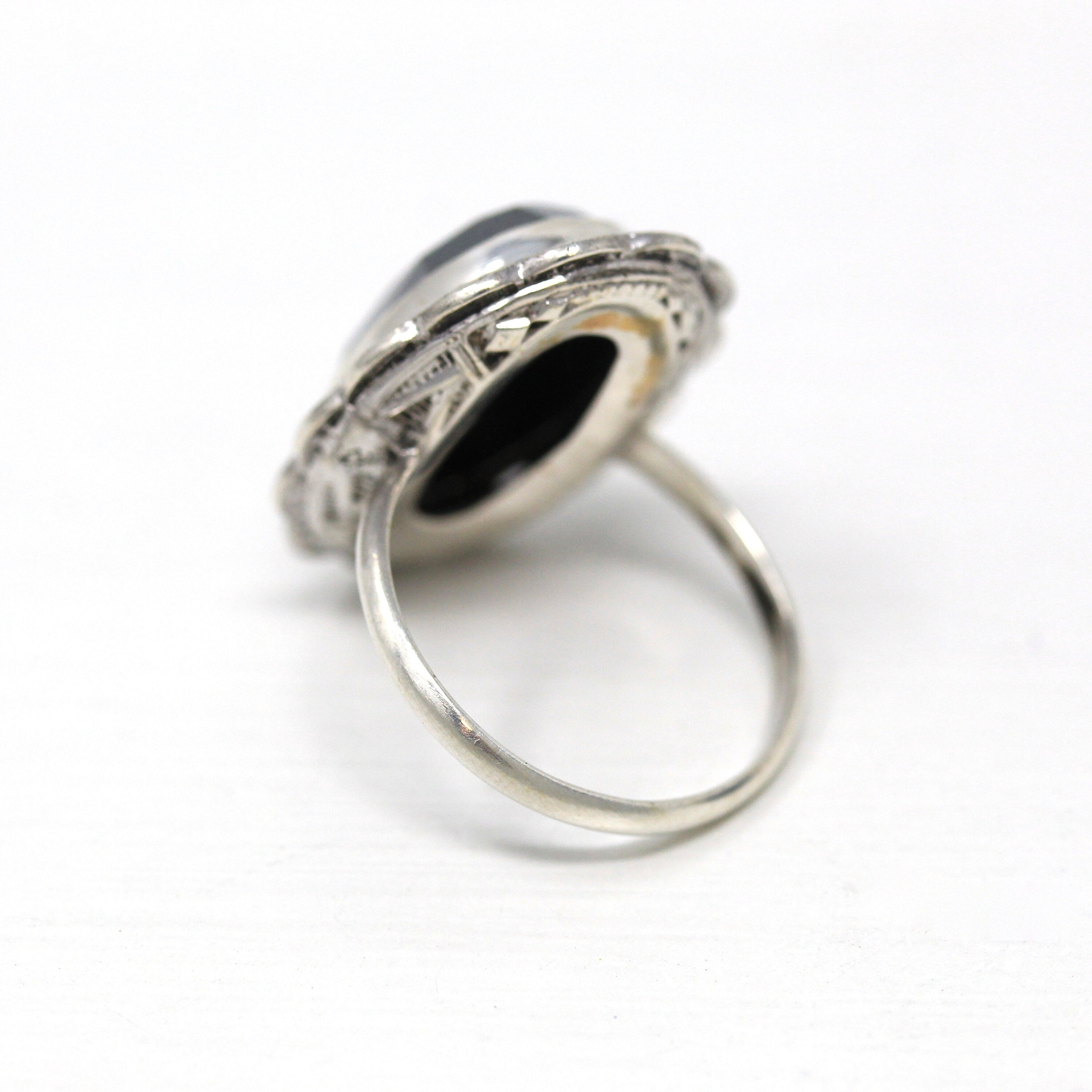 Vintage Hematite Ring - Art Deco Sterling Silver Marcasite Halo Oval Faceted Metallic Stone - Circa 1930s Era Size 5 1/2 Statement Jewelry