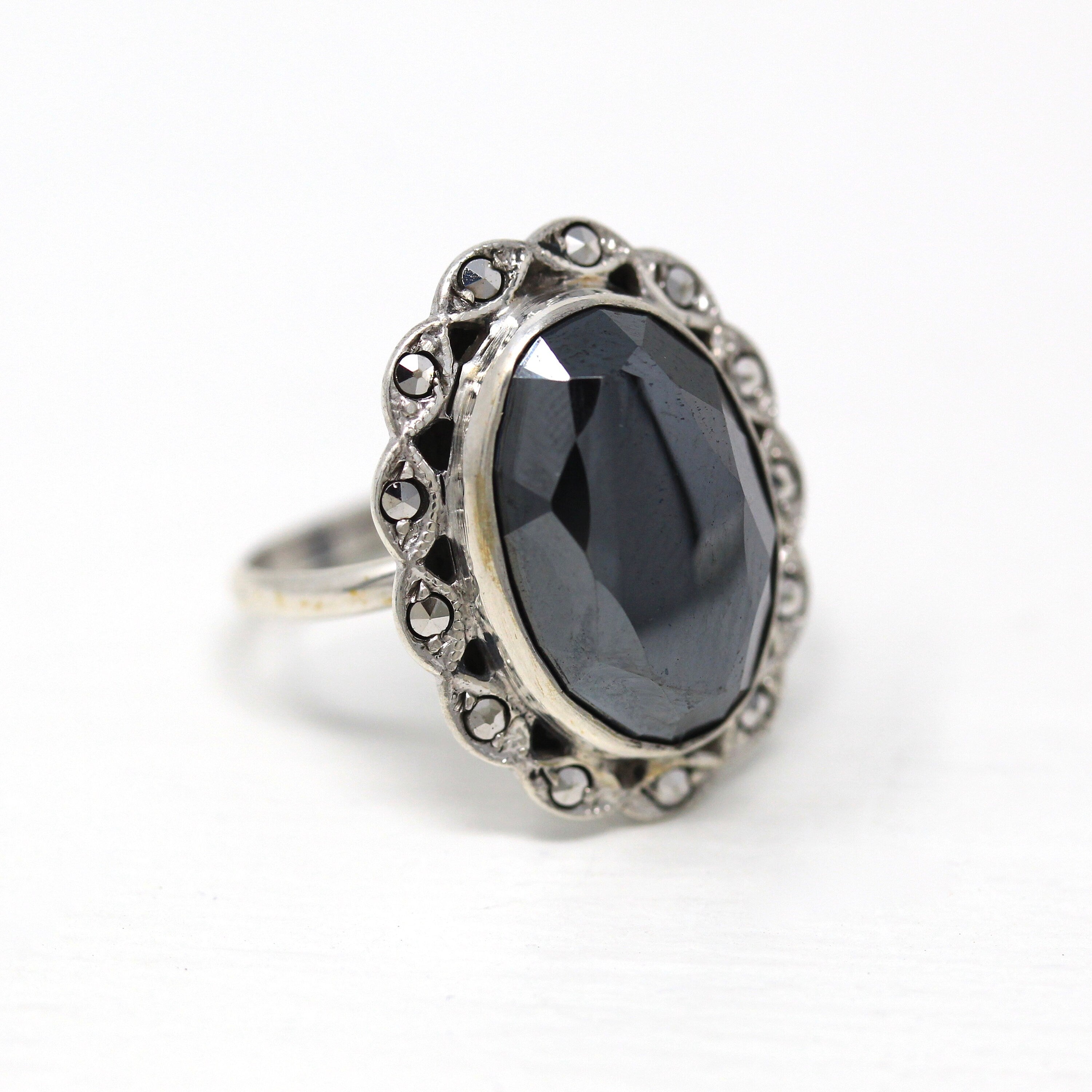 Vintage Hematite Ring - Art Deco Sterling Silver Marcasite Halo Oval Faceted Metallic Stone - Circa 1930s Era Size 5 1/2 Statement Jewelry