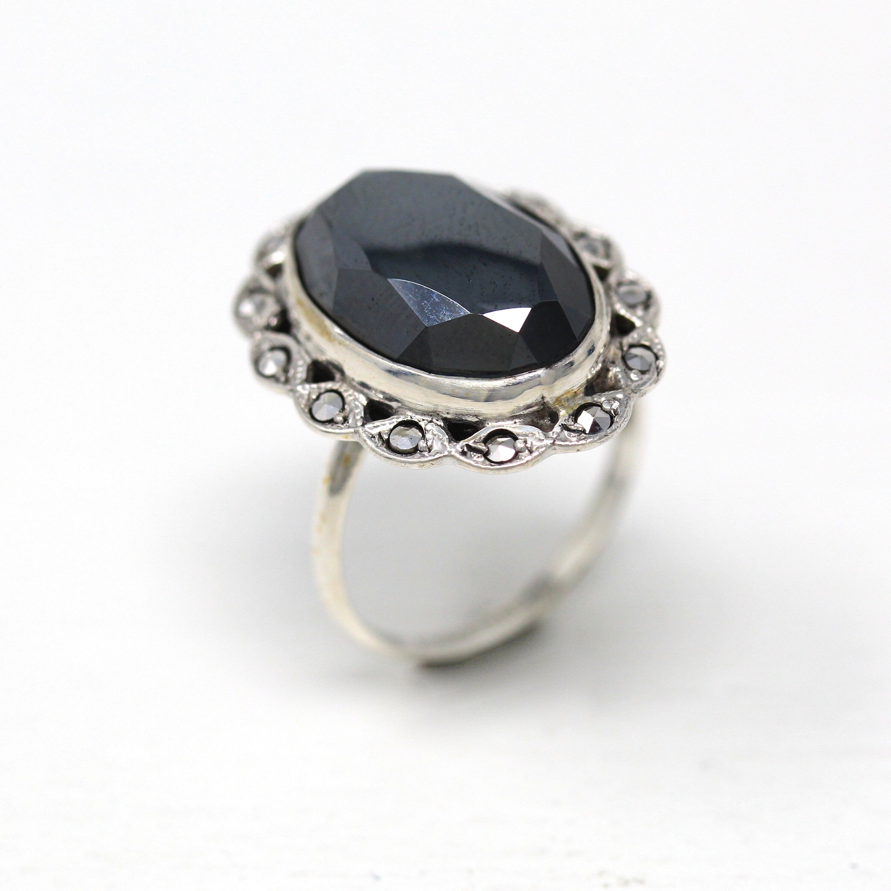 Vintage Hematite Ring - Art Deco Sterling Silver Marcasite Halo Oval Faceted Metallic Stone - Circa 1930s Era Size 5 1/2 Statement Jewelry