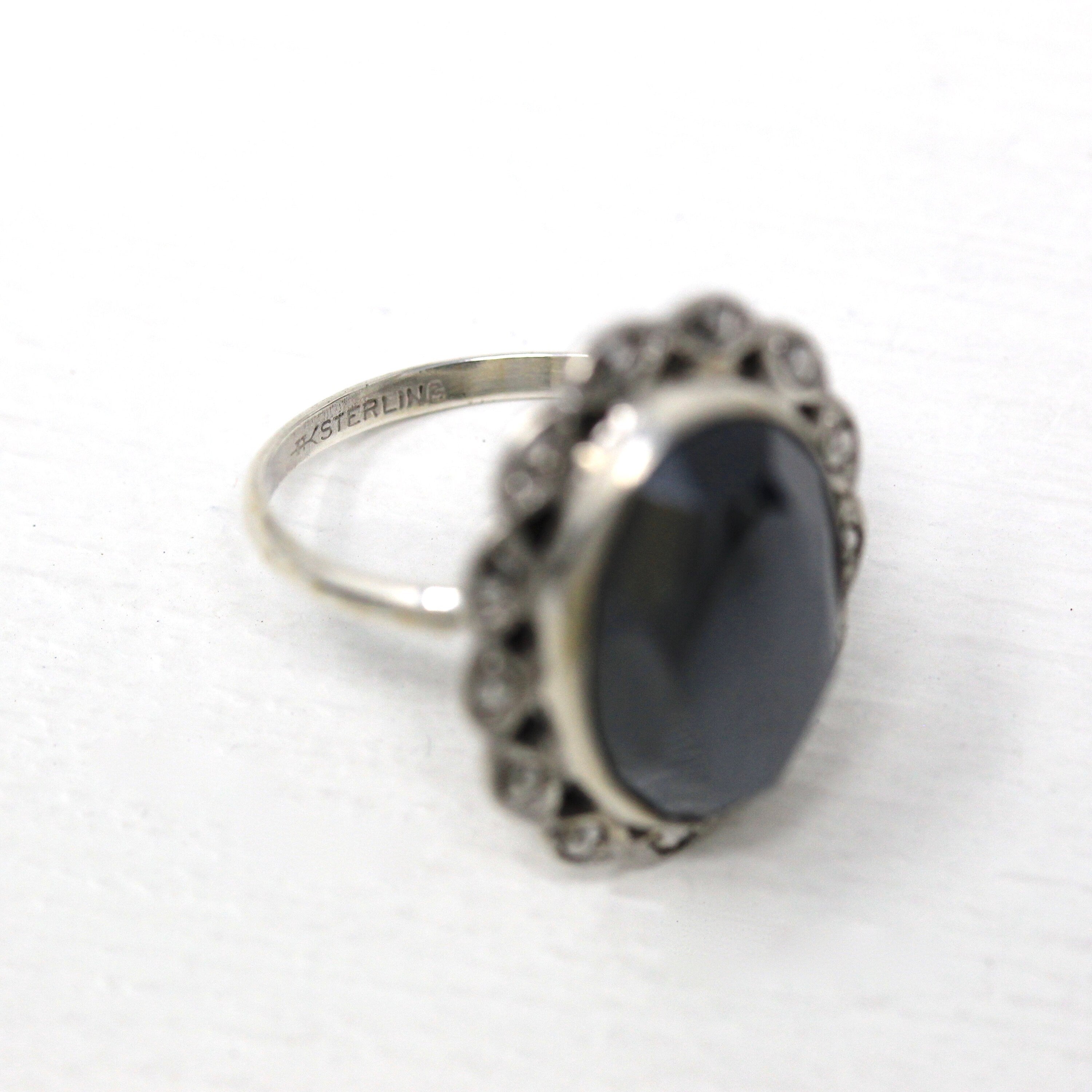 Vintage Hematite Ring - Art Deco Sterling Silver Marcasite Halo Oval Faceted Metallic Stone - Circa 1930s Era Size 5 1/2 Statement Jewelry