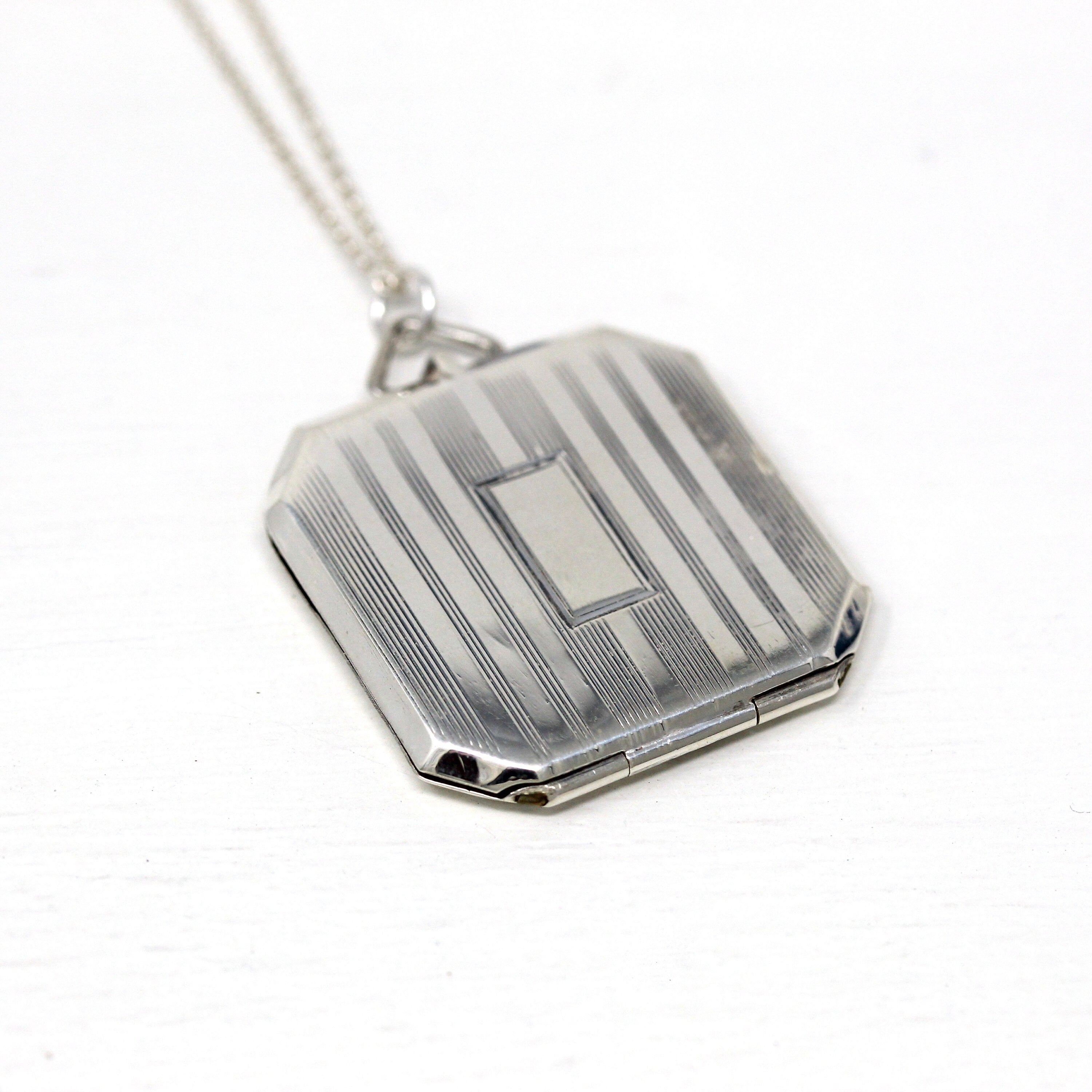 Art Deco Locket - Vintage Sterling Silver Statement Pinstripe Design Pendant Necklace Charm - Circa 1930s Era Keepsake Octagon Fob Jewelry