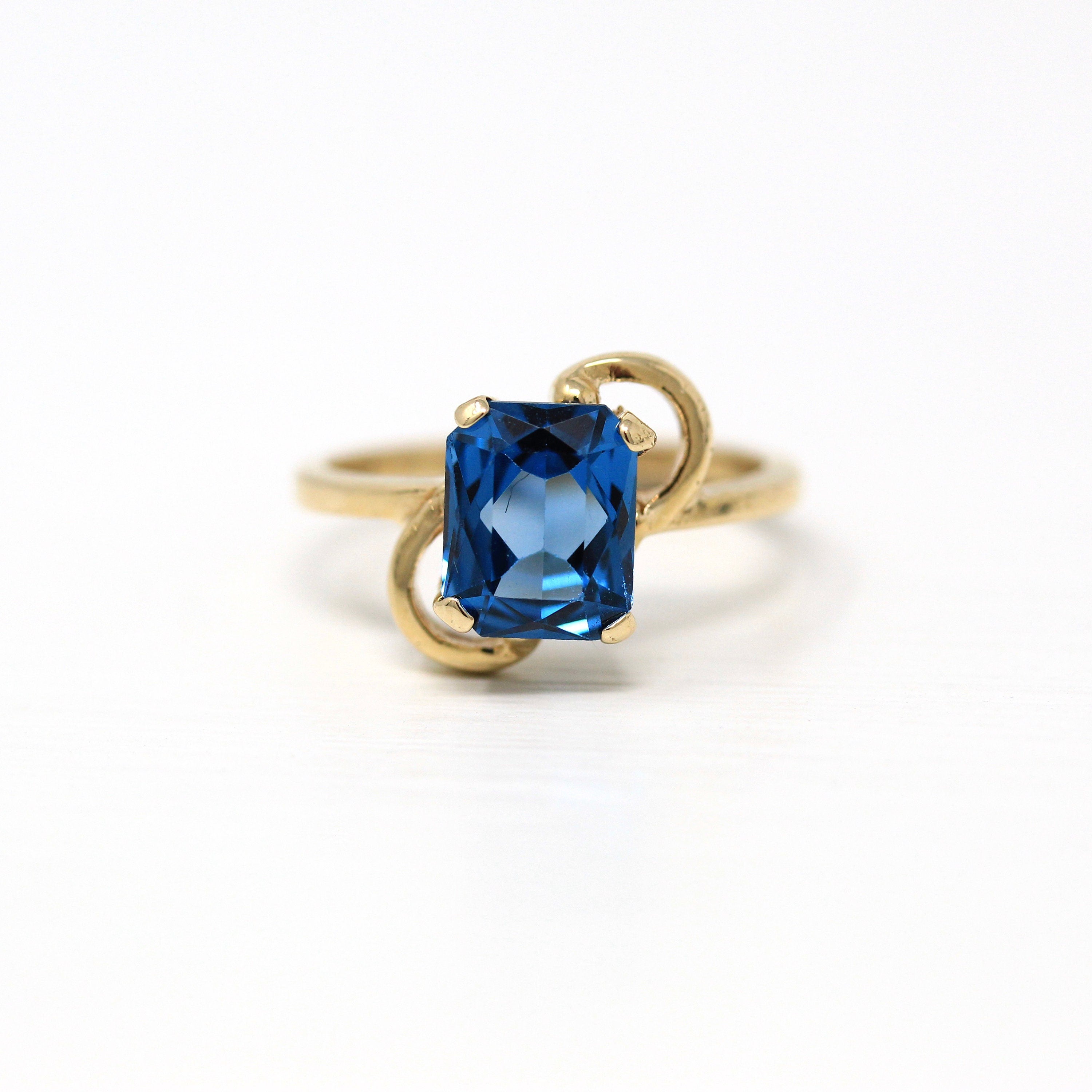 Created Spinel Ring - Retro 10k Yellow Gold Emerald Cut 1.90 CT Blue Stone - Vintage Circa 1960s Era Size 4 1/2 Solitaire Fine 60s Jewelry