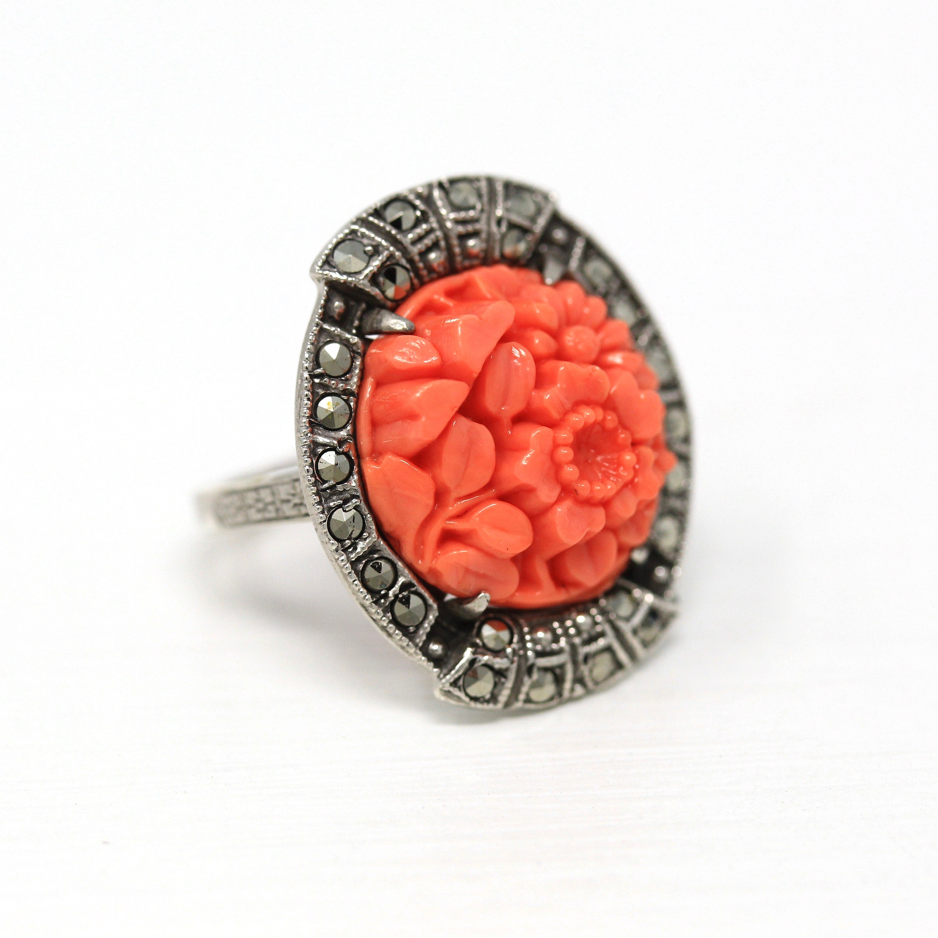 Art Deco Ring - Vintage Sterling Silver Marcasite Carved Simulated Coral - Circa 1930s Era Size 5 1/2 Flowers Statement 30s Flapper Jewelry