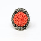 Art Deco Ring - Vintage Sterling Silver Marcasite Carved Simulated Coral - Circa 1930s Era Size 5 1/2 Flowers Statement 30s Flapper Jewelry