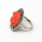 Art Deco Ring - Vintage Sterling Silver Marcasite Carved Simulated Coral - Circa 1930s Era Size 5 1/2 Flowers Statement 30s Flapper Jewelry